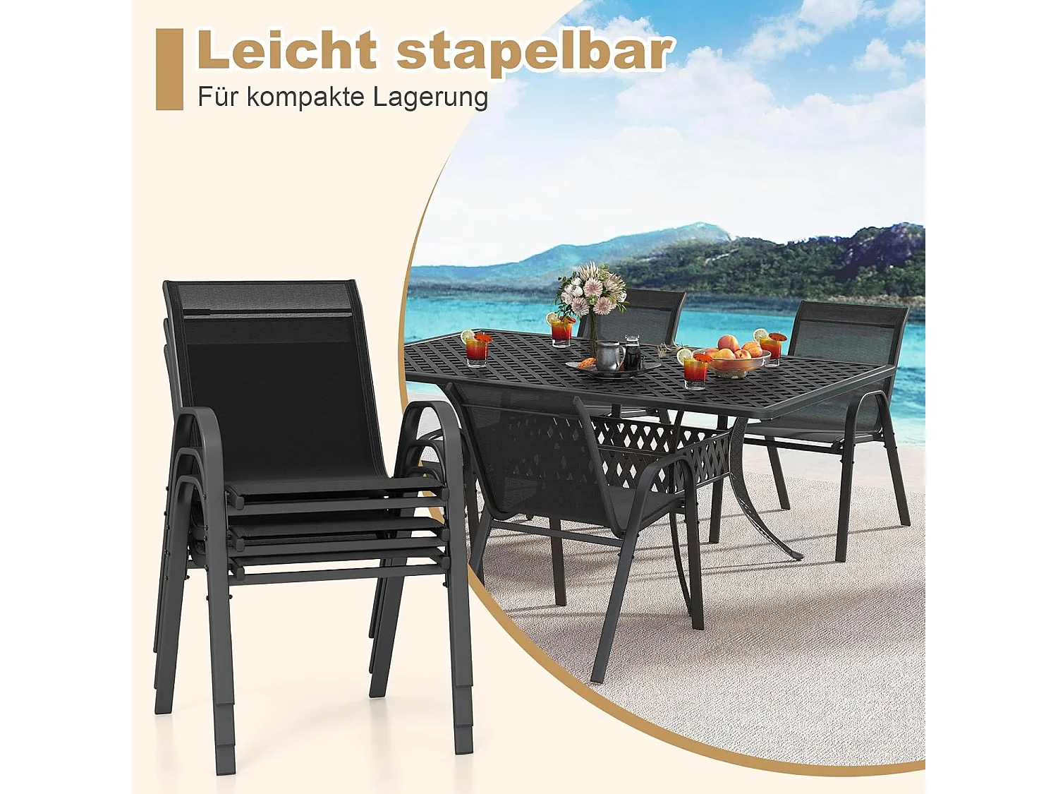 Set van 2 stapelbare tuinstoelen, stapelstoelen van textiel en metalen frame,balkonstoelen, belastbaar tot 150 kg, 56 x 70 x 84 cm (zwart)ZB33717
