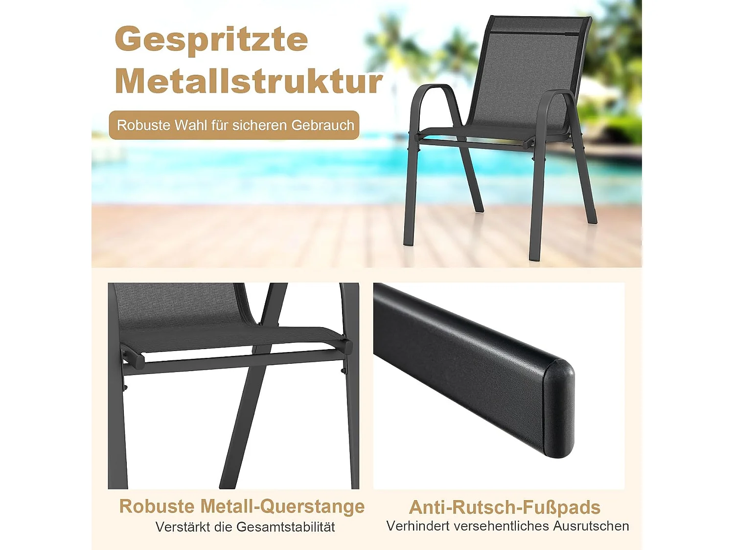 Set van 2 stapelbare tuinstoelen, stapelstoelen van textiel en metalen frame,balkonstoelen, belastbaar tot 150 kg, 56 x 70 x 84 cm (zwart)ZB33717