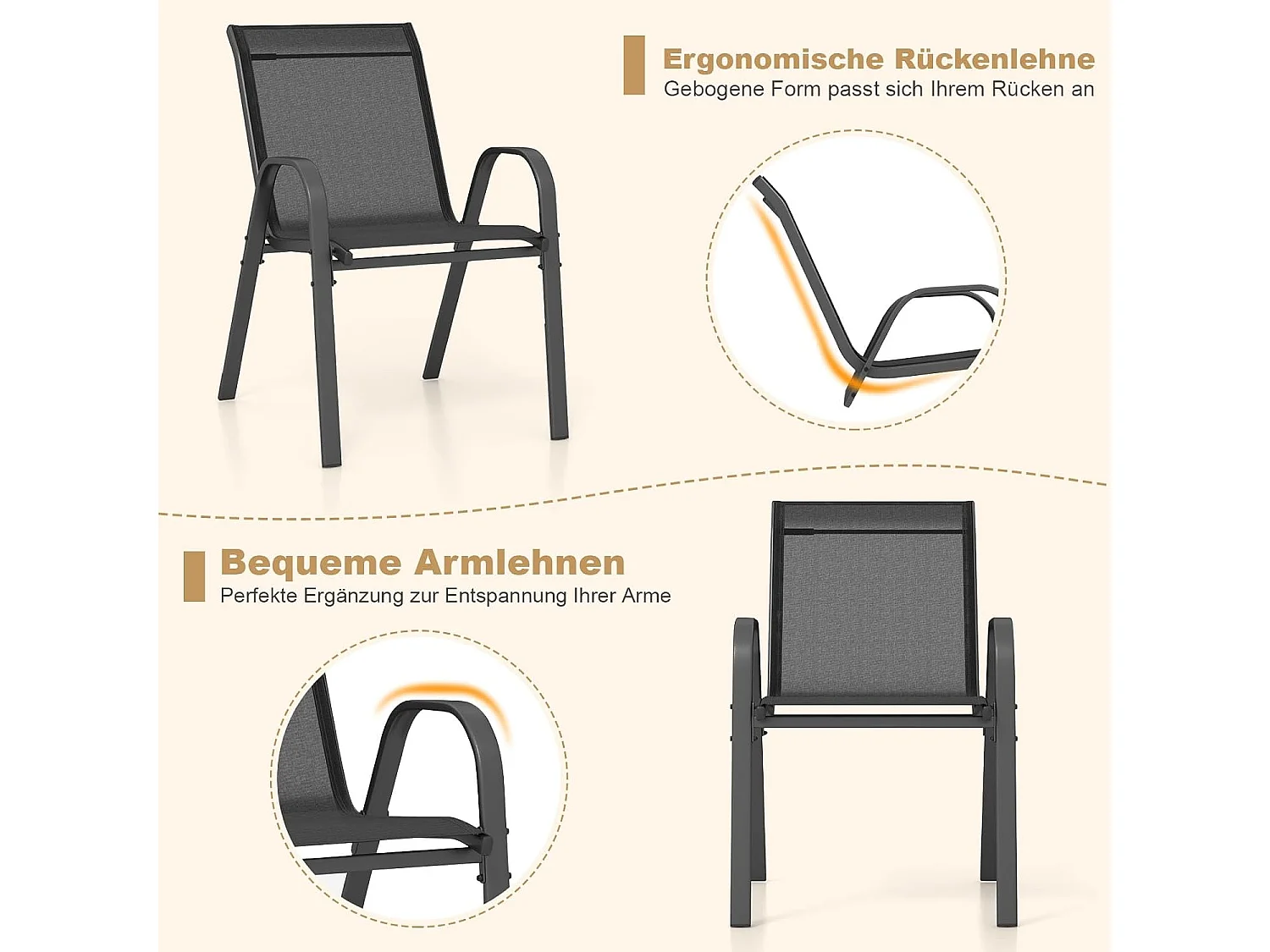Set van 2 stapelbare tuinstoelen, stapelstoelen van textiel en metalen frame,balkonstoelen, belastbaar tot 150 kg, 56 x 70 x 84 cm (zwart)ZB33717