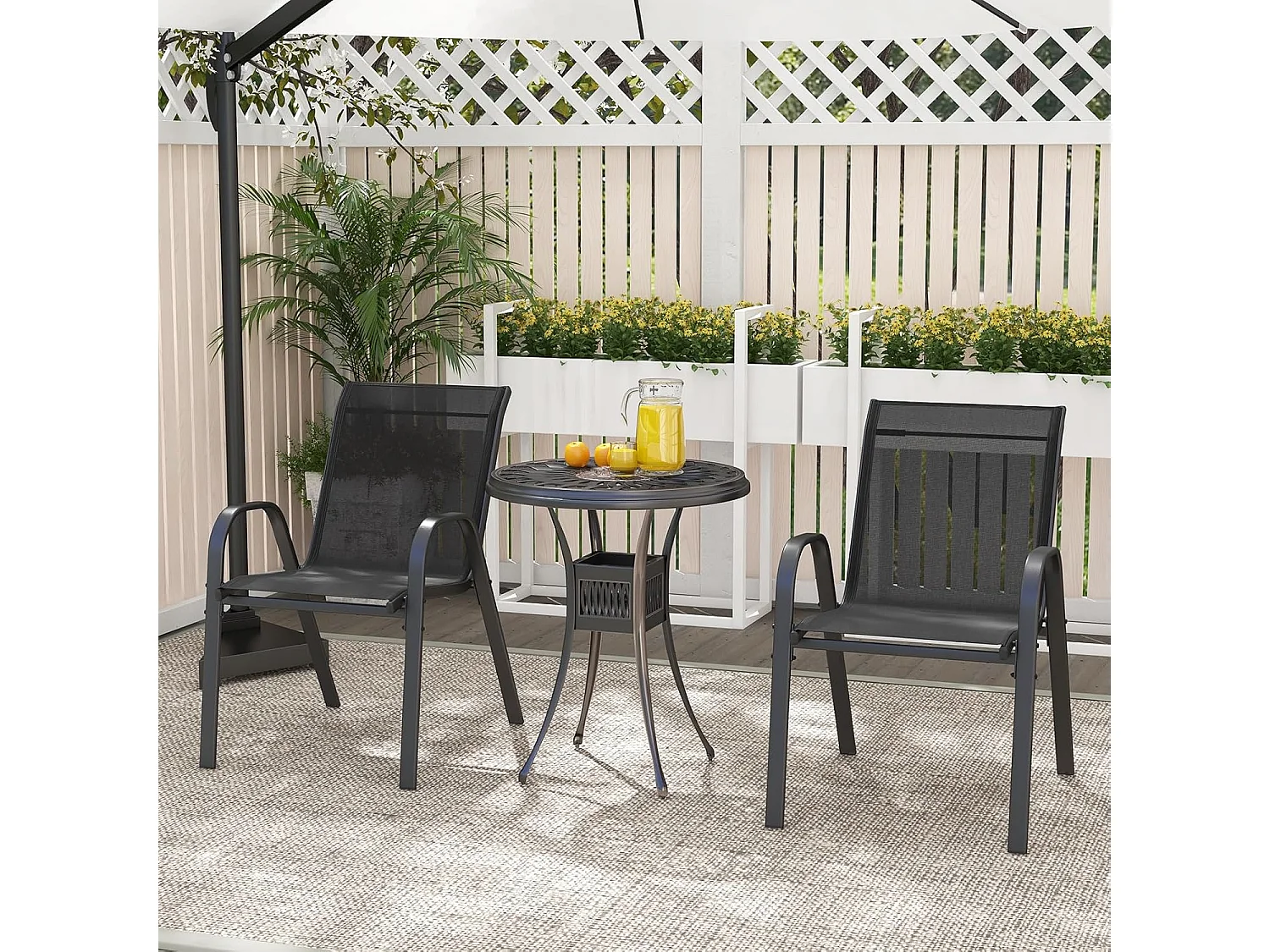 Set van 2 stapelbare tuinstoelen, stapelstoelen van textiel en metalen frame,balkonstoelen, belastbaar tot 150 kg, 56 x 70 x 84 cm (zwart)ZB33717