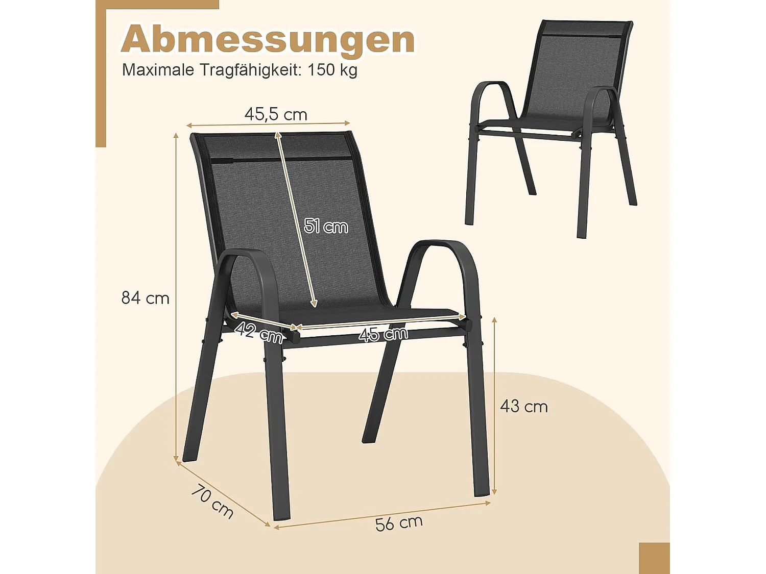 Set van 2 stapelbare tuinstoelen, stapelstoelen van textiel en metalen frame,balkonstoelen, belastbaar tot 150 kg, 56 x 70 x 84 cm (zwart)ZB33717