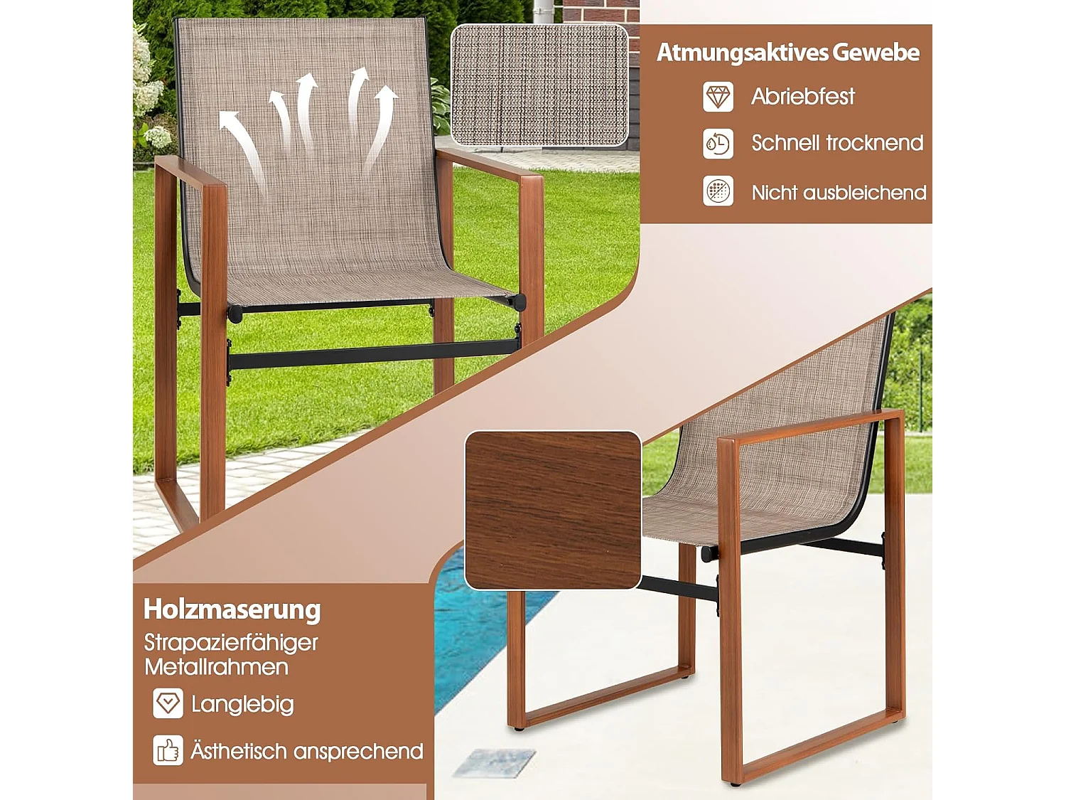 Set van 2 tuinstoelen, terrasstoelen met ademend zitvlak en metalen frame, balkonstoelen, outdoorstoelen,voor tuin, balkon, veranda (bruin)ZB34360