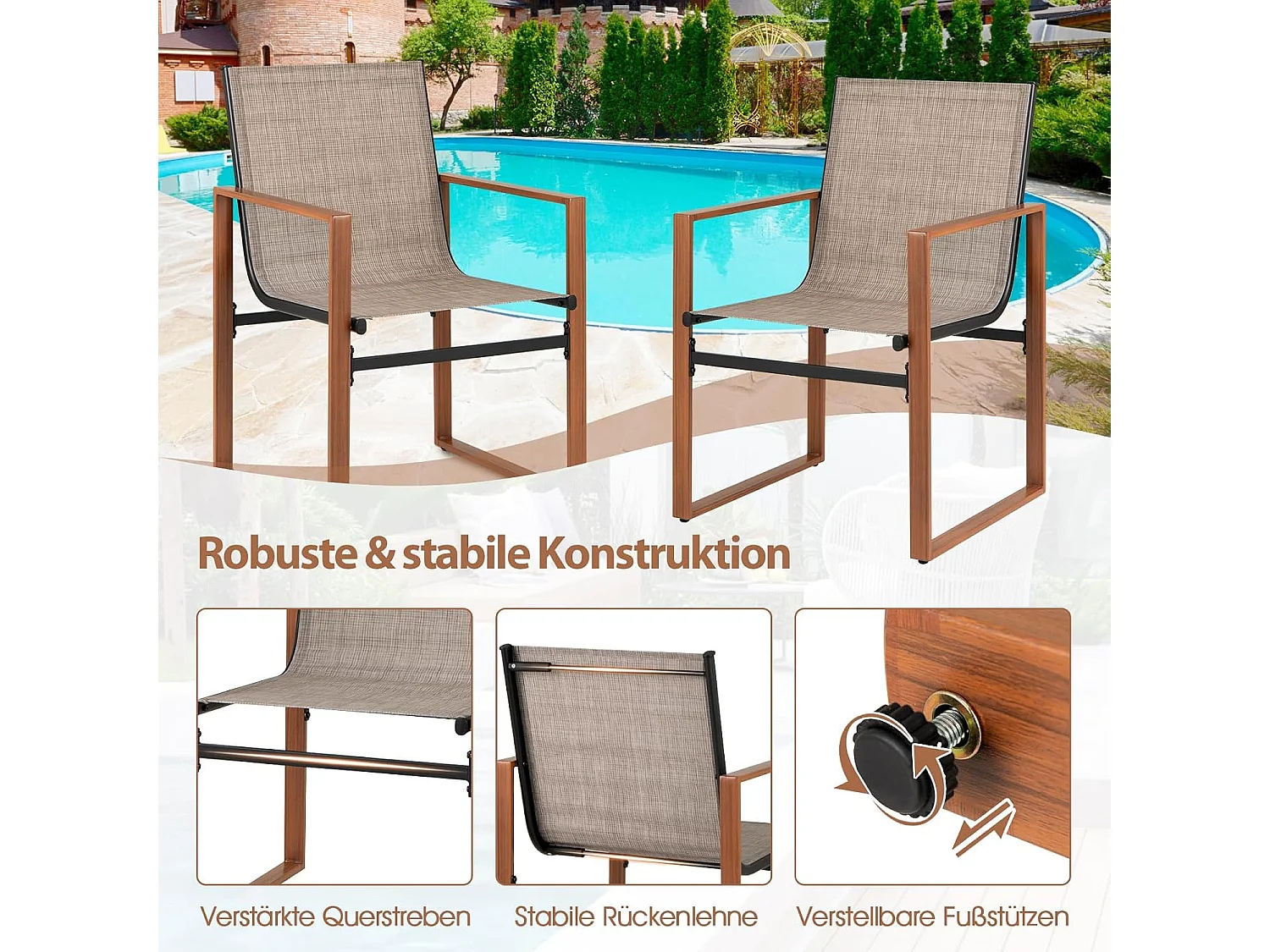 Set van 2 tuinstoelen, terrasstoelen met ademend zitvlak en metalen frame, balkonstoelen, outdoorstoelen,voor tuin, balkon, veranda (bruin)ZB34360