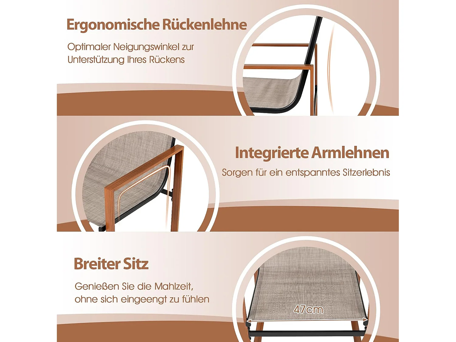 Set van 2 tuinstoelen, terrasstoelen met ademend zitvlak en metalen frame, balkonstoelen, outdoorstoelen,voor tuin, balkon, veranda (bruin)ZB34360