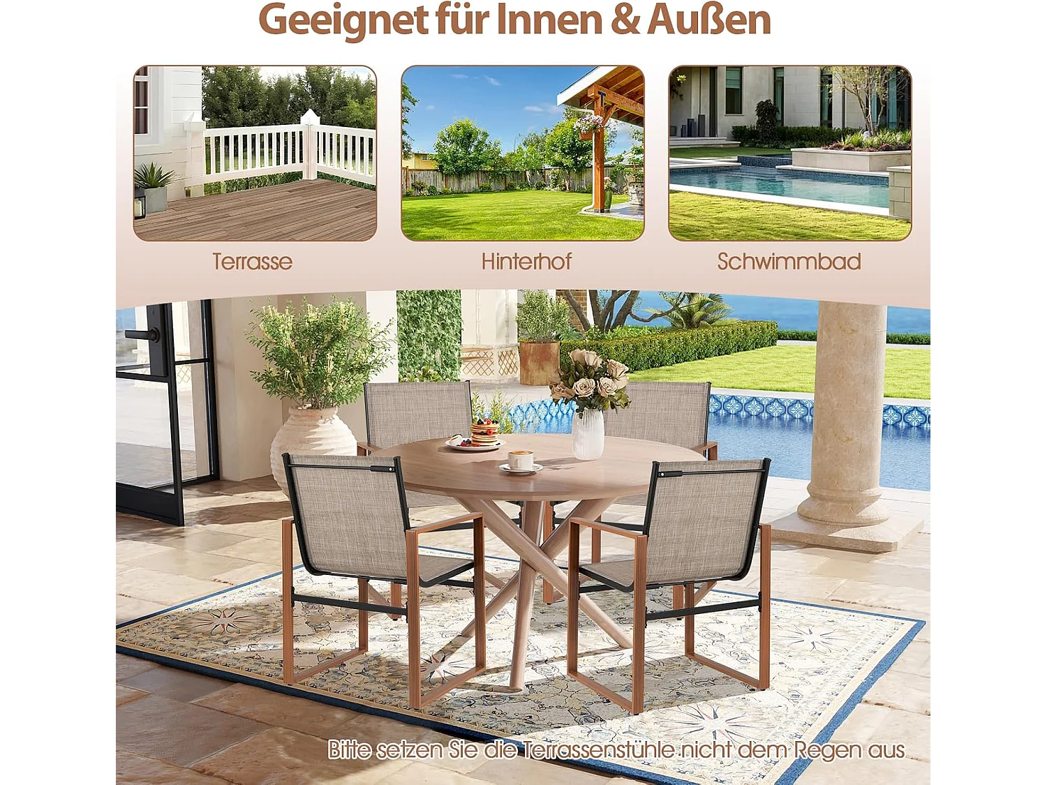 Set van 2 tuinstoelen, terrasstoelen met ademend zitvlak en metalen frame, balkonstoelen, outdoorstoelen,voor tuin, balkon, veranda (bruin)ZB34360