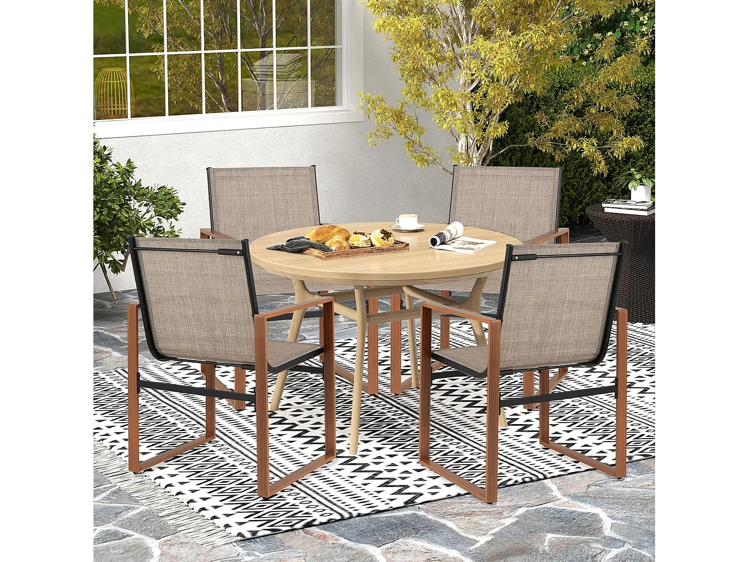 Set van 2 tuinstoelen, terrasstoelen met ademend zitvlak en metalen frame, balkonstoelen, outdoorstoelen,voor tuin, balkon, veranda (bruin)ZB34360