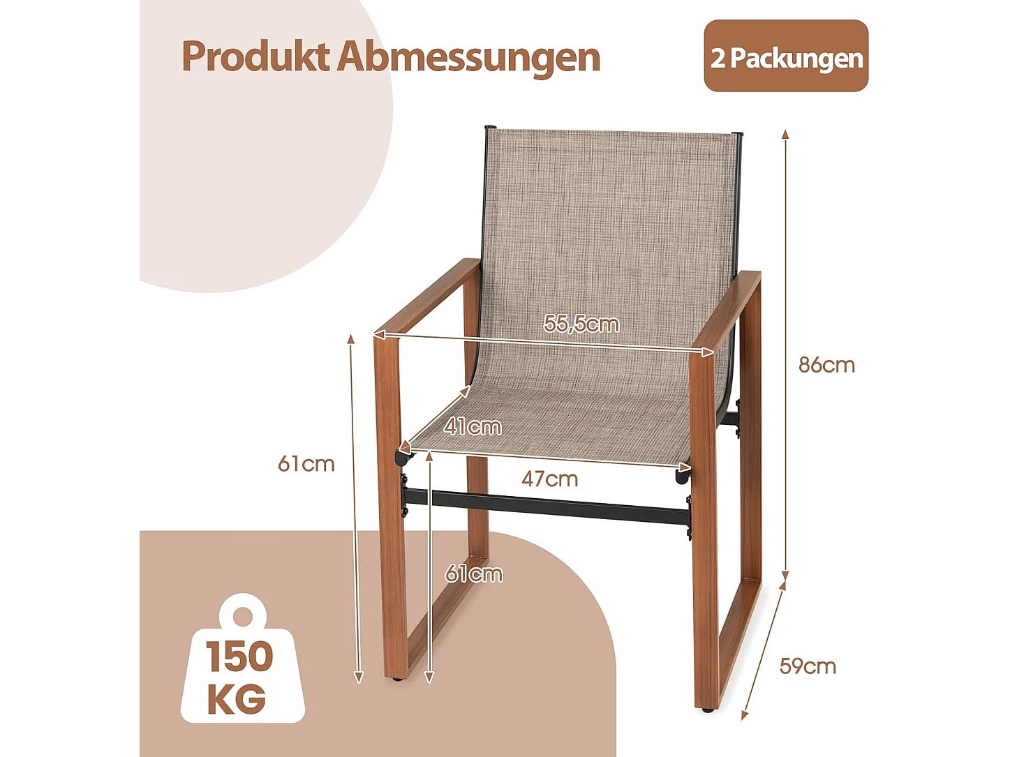 Set van 2 tuinstoelen, terrasstoelen met ademend zitvlak en metalen frame, balkonstoelen, outdoorstoelen,voor tuin, balkon, veranda (bruin)ZB34360