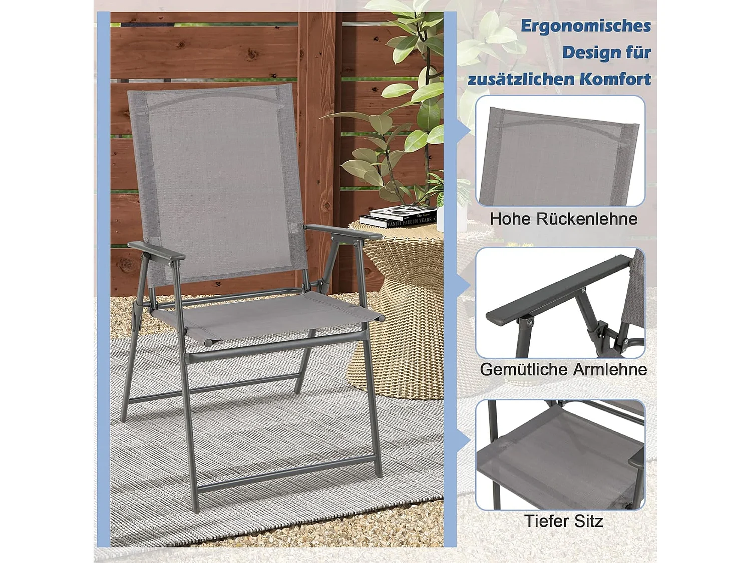 Set van 4 tuinstoelen, klapstoelen met weerbestendige stof, balkonstoelen met armleuningen, terrasstoelen voor tuin, achtertuin en balkon ZB33246