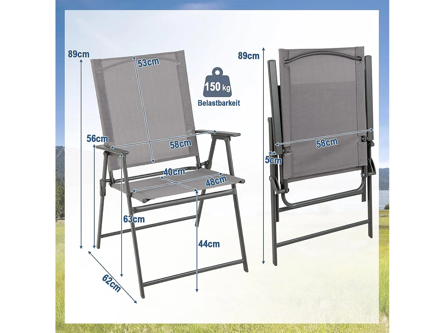 Set van 4 tuinstoelen, klapstoelen met weerbestendige stof, balkonstoelen met armleuningen, terrasstoelen voor tuin, achtertuin en balkon ZB33246