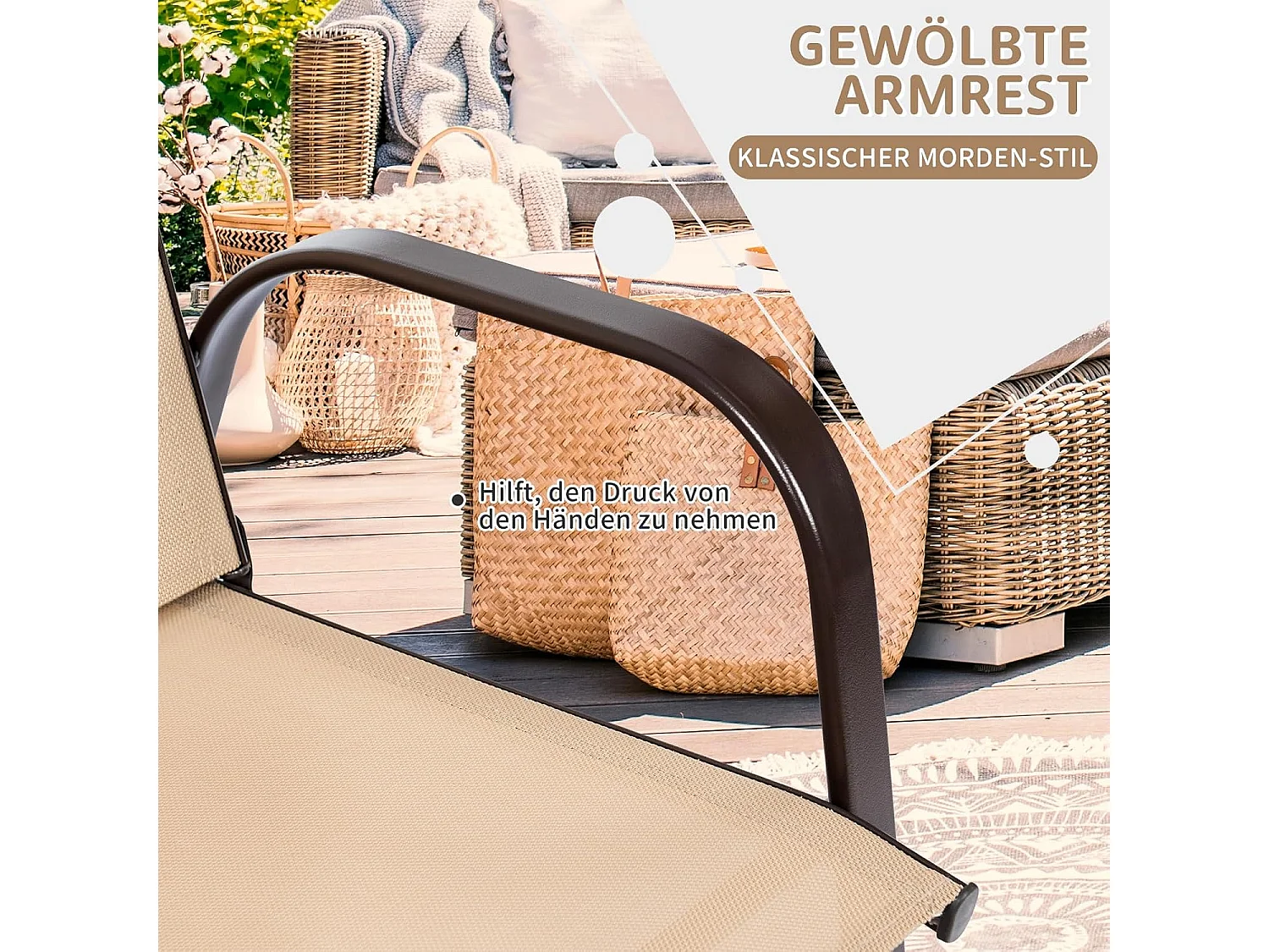 Set van 2 tuinstoelen met armleuningen, terrasstoelen van textiel en metalen frame, balkonstoelen tot 200 kg belastbaar,zwembad, 56 x 72 x 90 cm(beige)TI85852