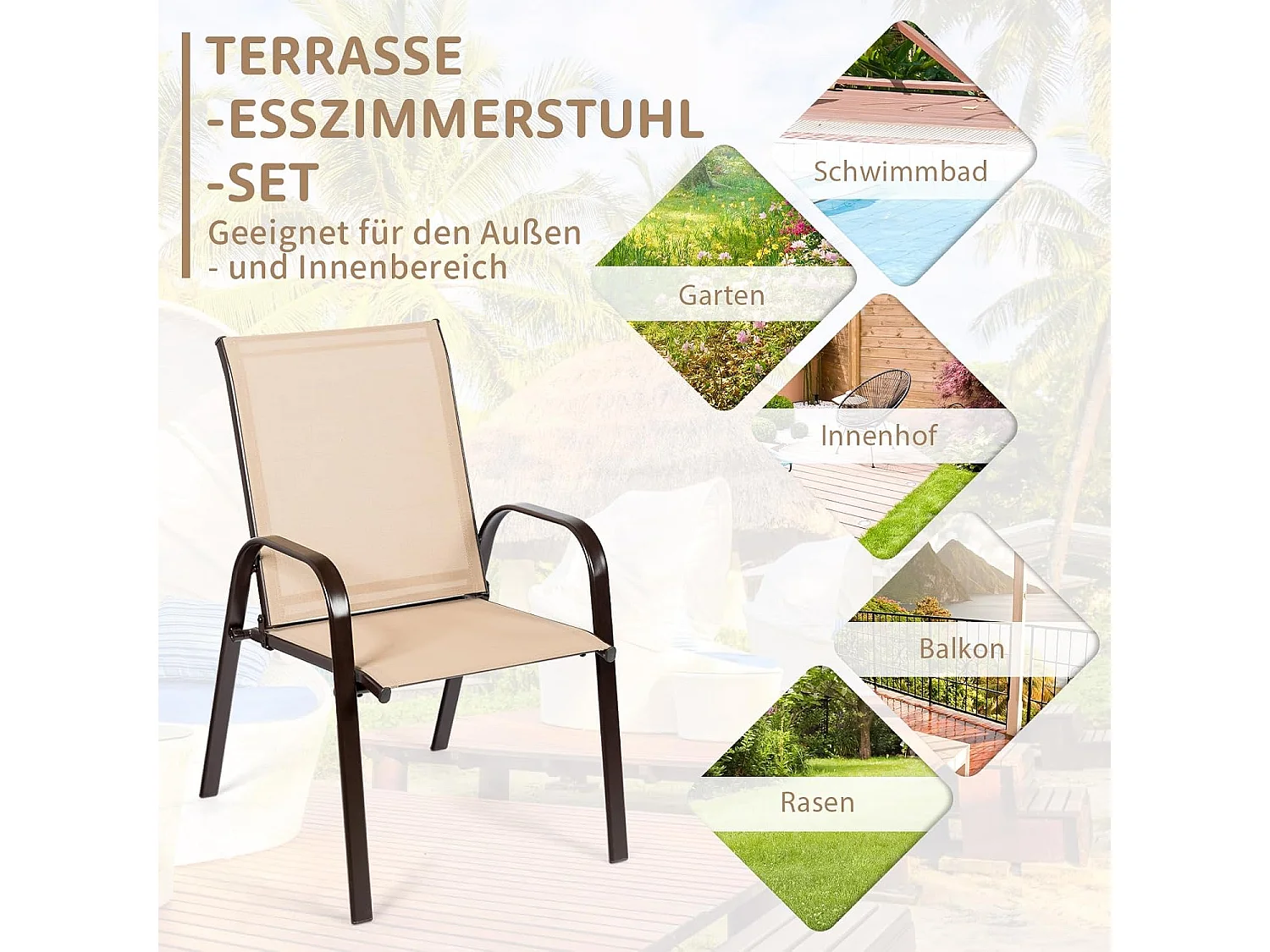 Set van 2 tuinstoelen met armleuningen, terrasstoelen van textiel en metalen frame, balkonstoelen tot 200 kg belastbaar,zwembad, 56 x 72 x 90 cm(beige)TI85852