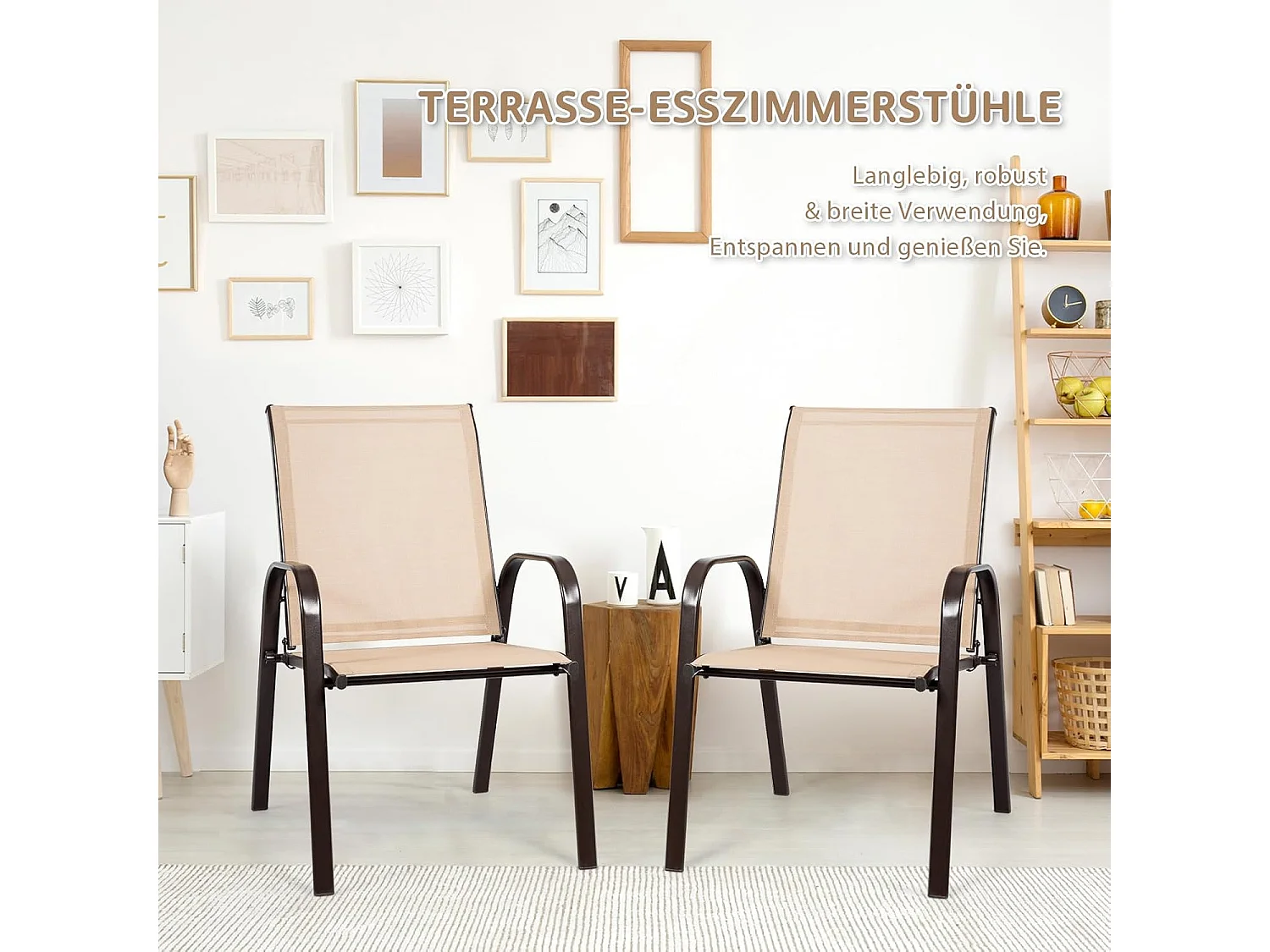 Set van 2 tuinstoelen met armleuningen, terrasstoelen van textiel en metalen frame, balkonstoelen tot 200 kg belastbaar,zwembad, 56 x 72 x 90 cm(beige)TI85852