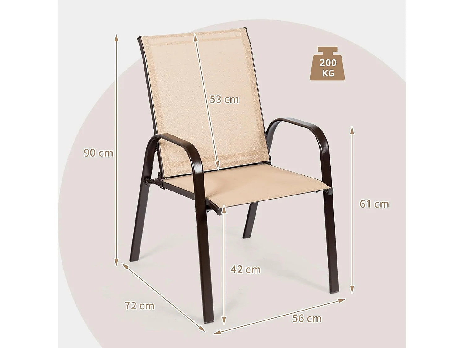 Set van 2 tuinstoelen met armleuningen, terrasstoelen van textiel en metalen frame, balkonstoelen tot 200 kg belastbaar,zwembad, 56 x 72 x 90 cm(beige)TI85852