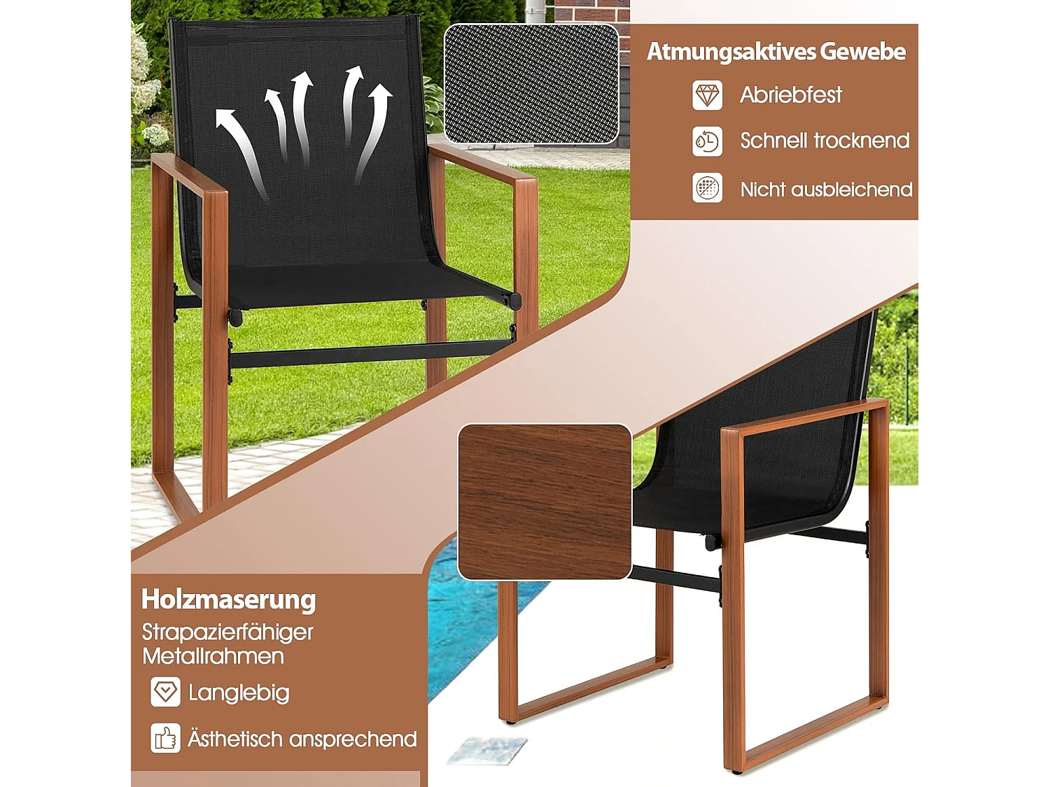 Set van 2 tuinstoelen, terrasstoelen met ademend zitvlak en metalen frame, balkonstoelen, outdoorstoelen, voor tuin, balkon, veranda (zwart)ZB34360