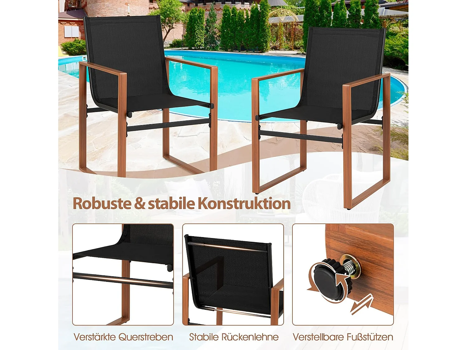 Set van 2 tuinstoelen, terrasstoelen met ademend zitvlak en metalen frame, balkonstoelen, outdoorstoelen, voor tuin, balkon, veranda (zwart)ZB34360