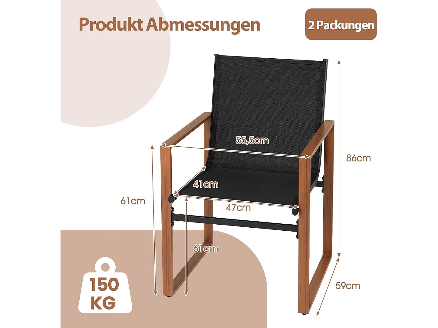 Set van 2 tuinstoelen, terrasstoelen met ademend zitvlak en metalen frame, balkonstoelen, outdoorstoelen, voor tuin, balkon, veranda (zwart)ZB34360