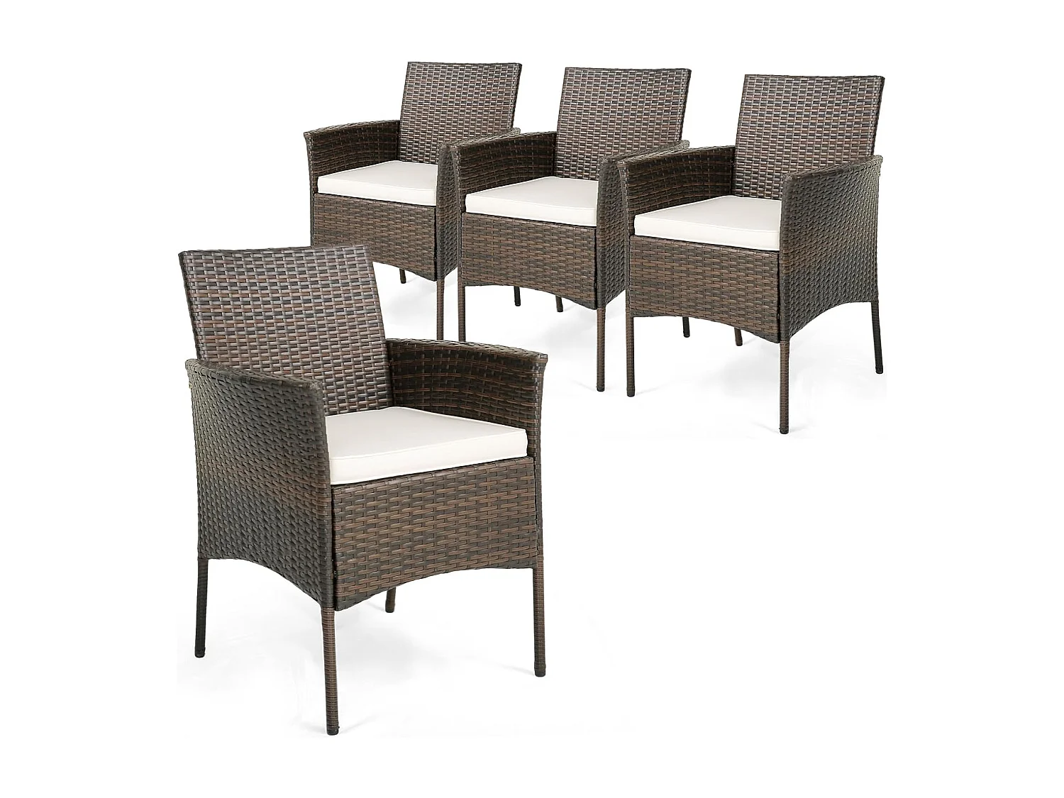 Set van 4 rotan stoelen voor buiten,PE-vlechtwerk, tuinstoelen met zitkussen,metalen frame en gebogen armleuningen,rotan eetstoelen voor balkon,veranda en zwembad