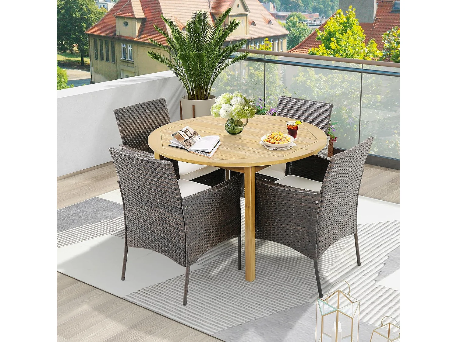 Set van 4 rotan stoelen voor buiten,PE-vlechtwerk, tuinstoelen met zitkussen,metalen frame en gebogen armleuningen,rotan eetstoelen voor balkon,veranda en zwembad