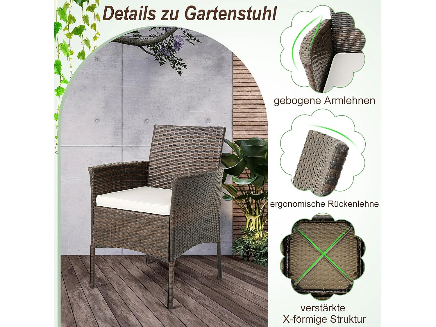 Set van 4 rotan stoelen voor buiten,PE-vlechtwerk, tuinstoelen met zitkussen,metalen frame en gebogen armleuningen,rotan eetstoelen voor balkon,veranda en zwembad