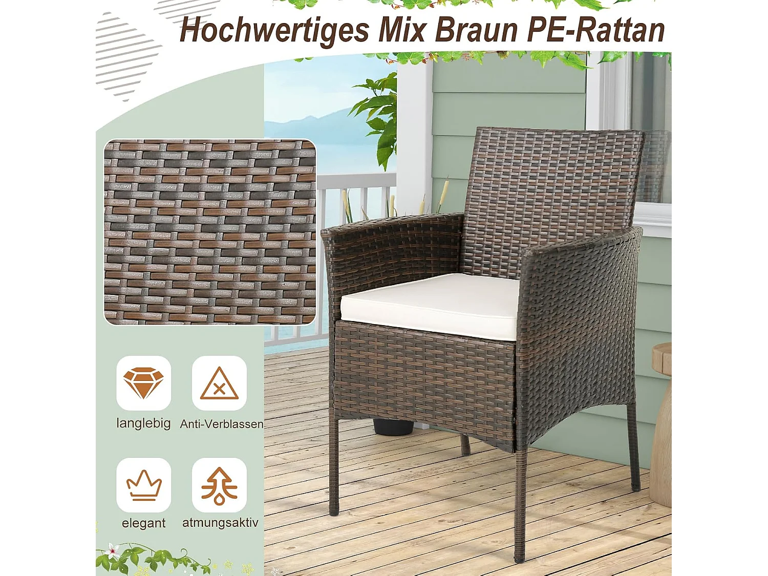 Set van 4 rotan stoelen voor buiten,PE-vlechtwerk, tuinstoelen met zitkussen,metalen frame en gebogen armleuningen,rotan eetstoelen voor balkon,veranda en zwembad
