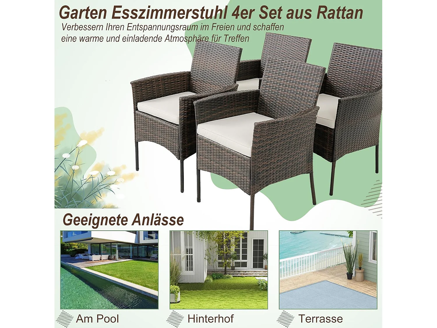 Set van 4 rotan stoelen voor buiten,PE-vlechtwerk, tuinstoelen met zitkussen,metalen frame en gebogen armleuningen,rotan eetstoelen voor balkon,veranda en zwembad