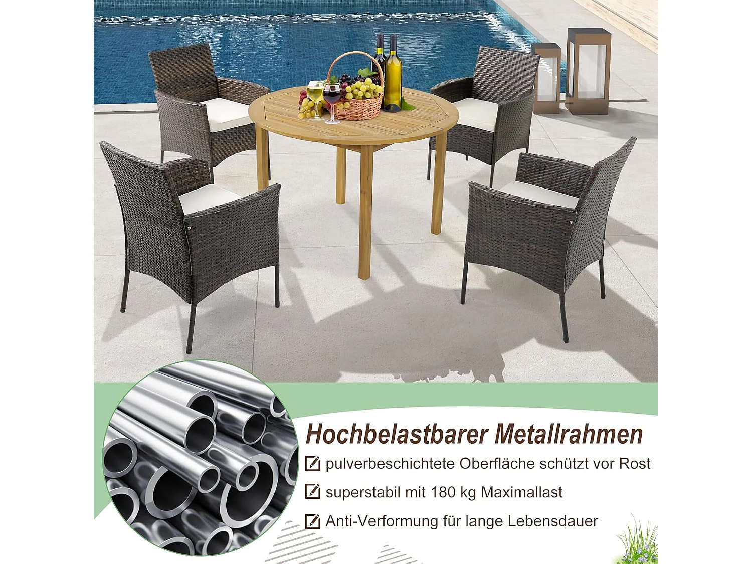 Set van 4 rotan stoelen voor buiten,PE-vlechtwerk, tuinstoelen met zitkussen,metalen frame en gebogen armleuningen,rotan eetstoelen voor balkon,veranda en zwembad