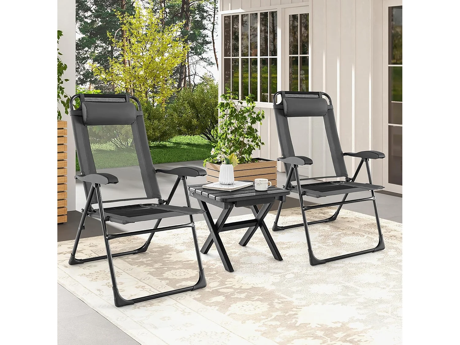 Set van 2 tuinstoelen met hoofdsteun, klapstoelen met 7-voudig verstelbare rugleuning, inklapbare balkonstoelen, hoge rugleuning,outdoorstoelen voor tuin,ZB33676