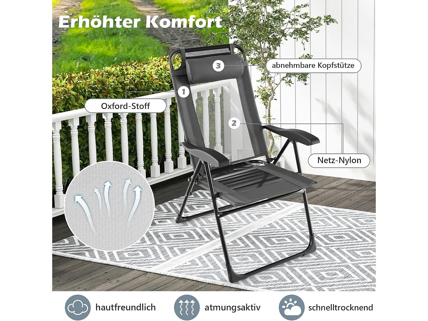 Set van 2 tuinstoelen met hoofdsteun, klapstoelen met 7-voudig verstelbare rugleuning, inklapbare balkonstoelen, hoge rugleuning,outdoorstoelen voor tuin,ZB33676