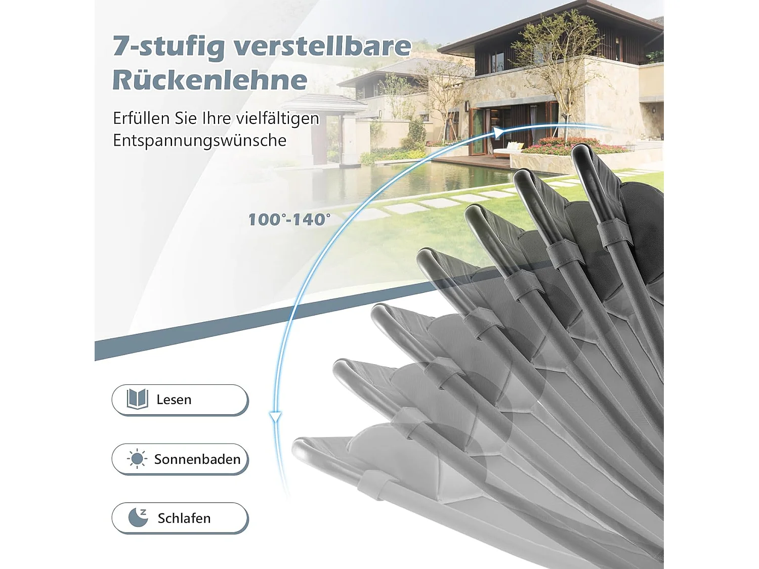 Set van 2 tuinstoelen met hoofdsteun, klapstoelen met 7-voudig verstelbare rugleuning, inklapbare balkonstoelen, hoge rugleuning,outdoorstoelen voor tuin,ZB33676