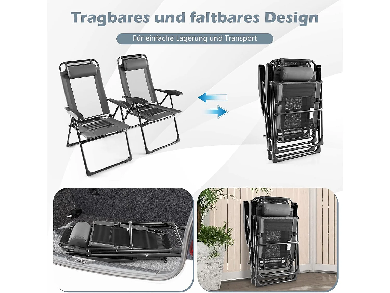 Set van 2 tuinstoelen met hoofdsteun, klapstoelen met 7-voudig verstelbare rugleuning, inklapbare balkonstoelen, hoge rugleuning,outdoorstoelen voor tuin,ZB33676