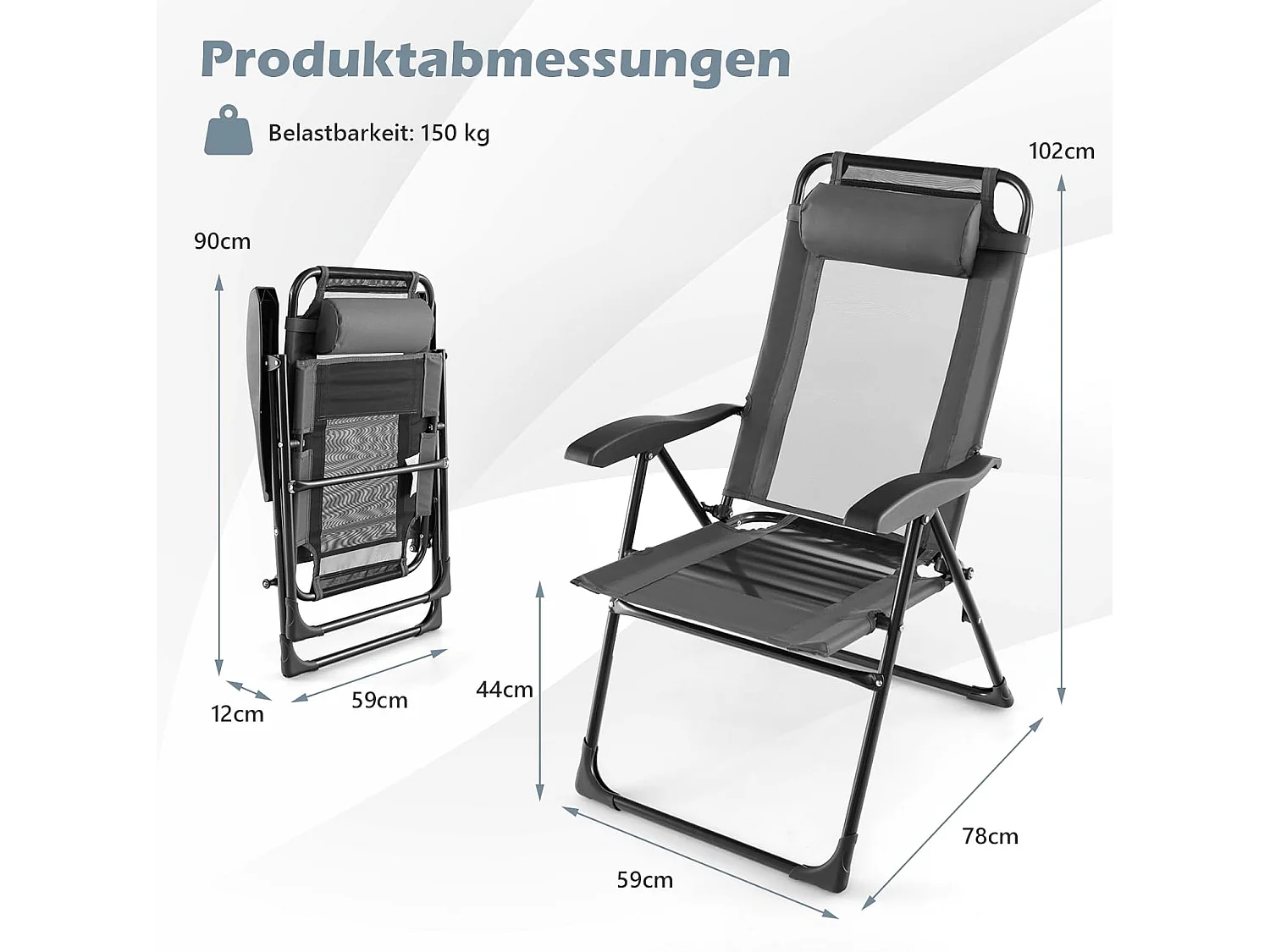 Set van 2 tuinstoelen met hoofdsteun, klapstoelen met 7-voudig verstelbare rugleuning, inklapbare balkonstoelen, hoge rugleuning,outdoorstoelen voor tuin,ZB33676