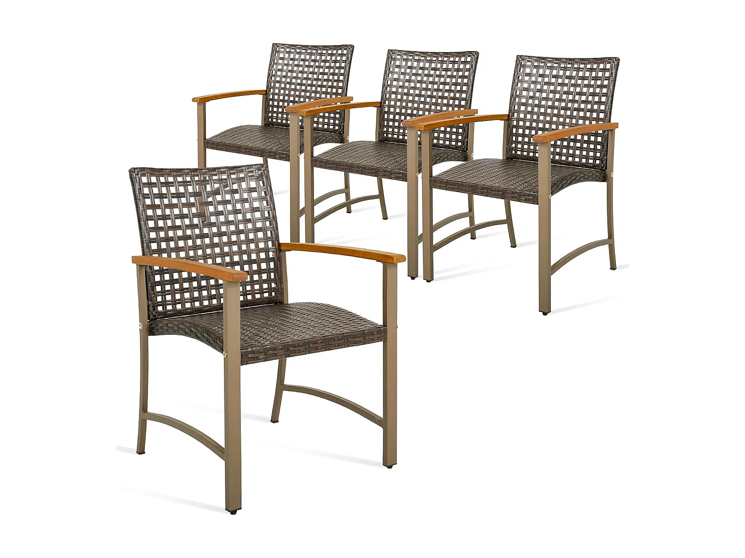 4-delige rotan tuinstoelset, terras, eetstoelen met armleuningen van acaciahout en metalen frame, rotan stoelen voor balkon, veranda, zwembad