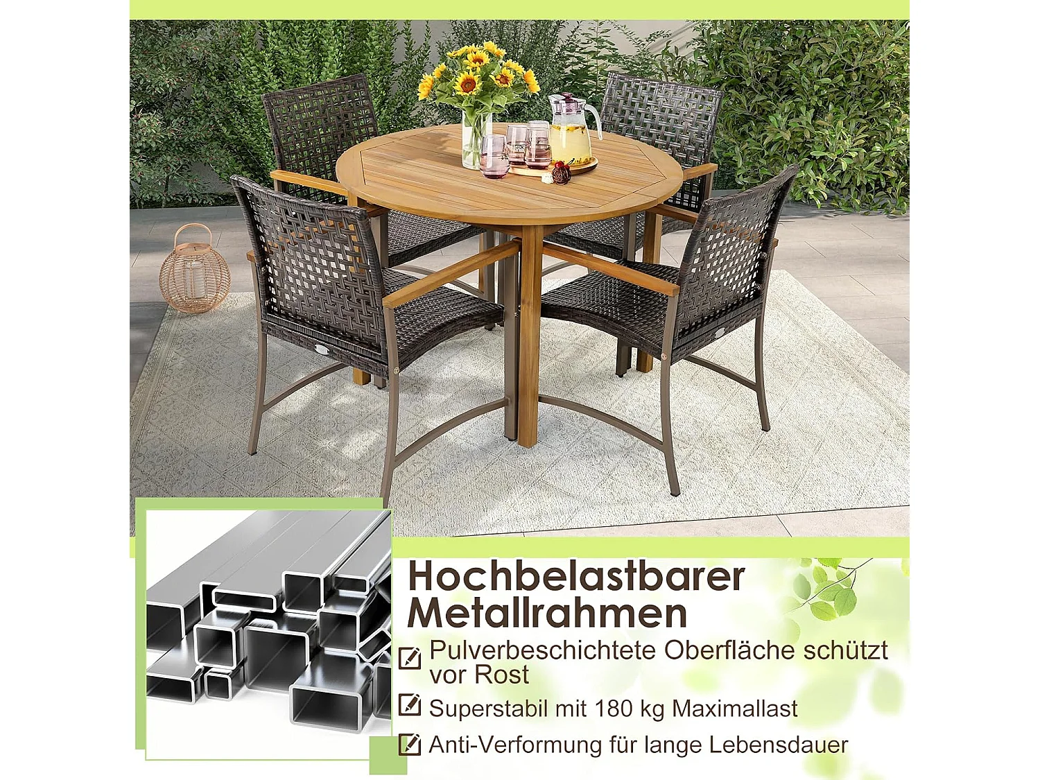 4-delige rotan tuinstoelset, terras, eetstoelen met armleuningen van acaciahout en metalen frame, rotan stoelen voor balkon, veranda, zwembad