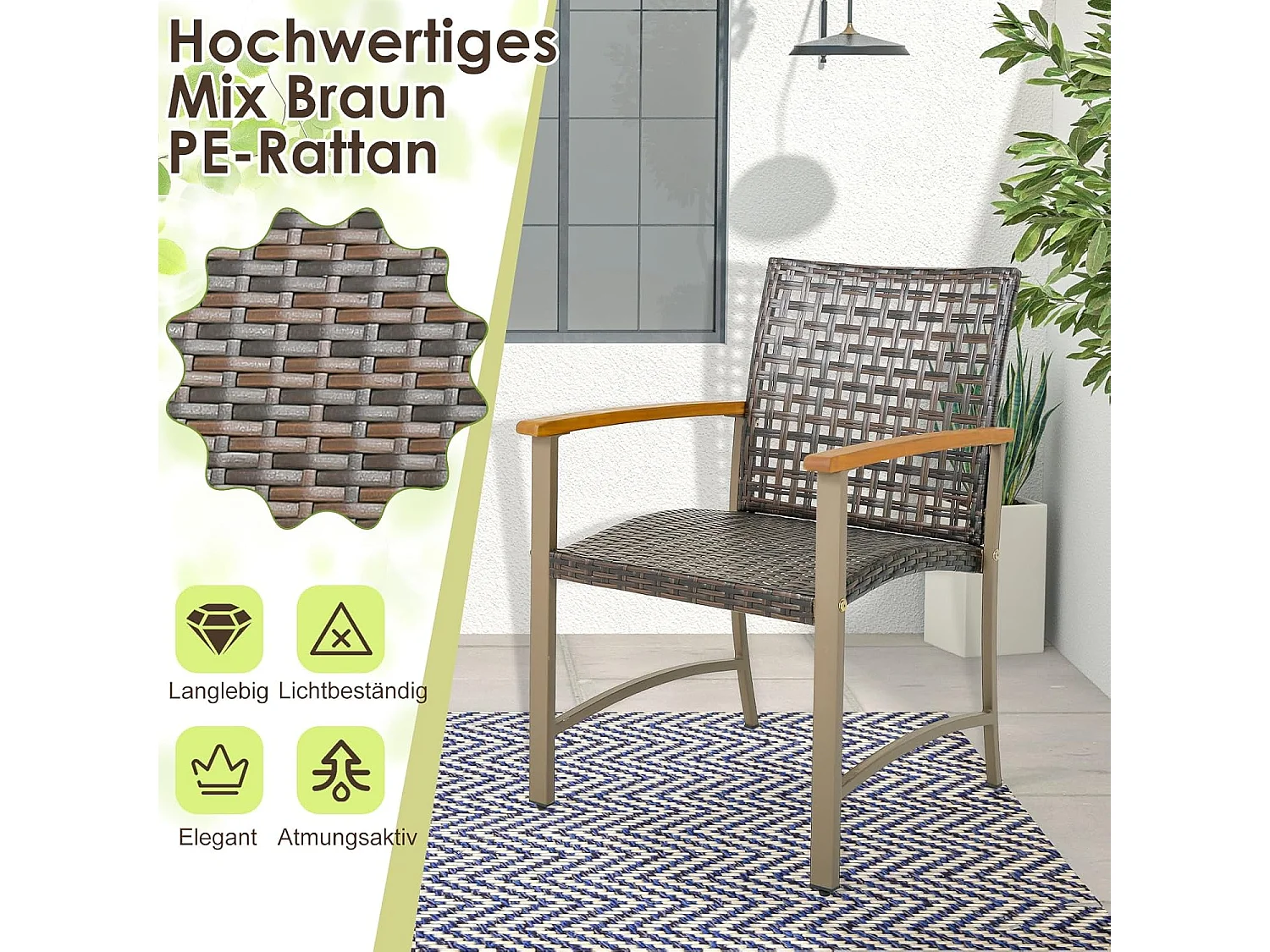 4-delige rotan tuinstoelset, terras, eetstoelen met armleuningen van acaciahout en metalen frame, rotan stoelen voor balkon, veranda, zwembad