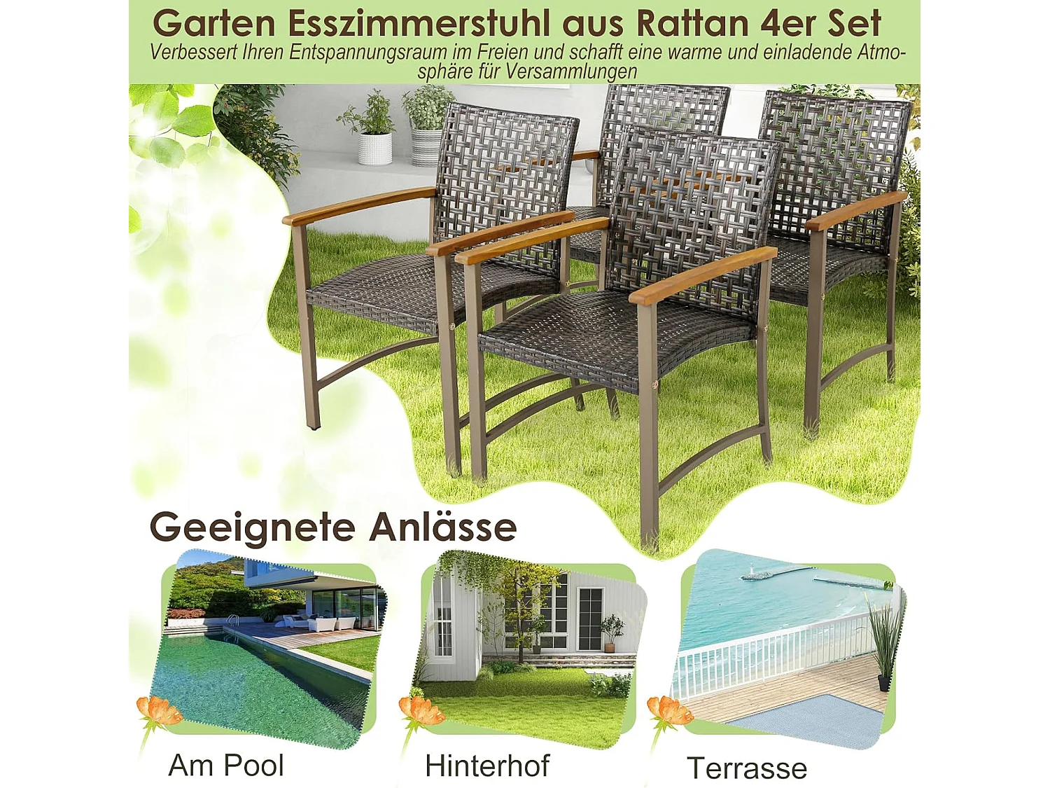 4-delige rotan tuinstoelset, terras, eetstoelen met armleuningen van acaciahout en metalen frame, rotan stoelen voor balkon, veranda, zwembad
