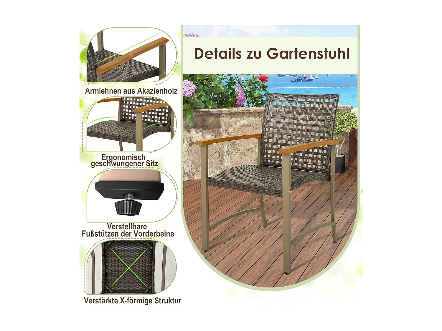 4-delige rotan tuinstoelset, terras, eetstoelen met armleuningen van acaciahout en metalen frame, rotan stoelen voor balkon, veranda, zwembad