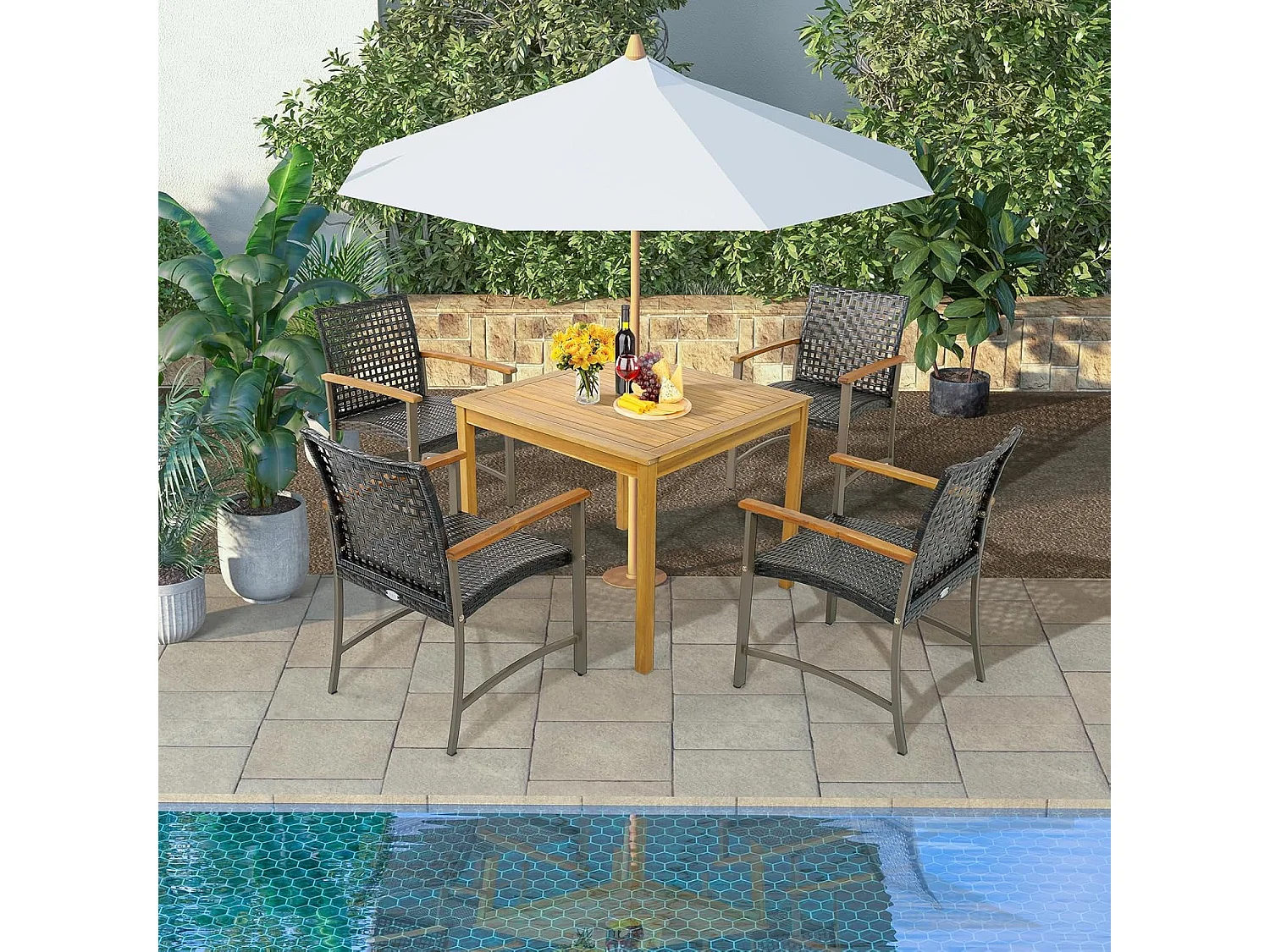 4-delige rotan tuinstoelset, terras, eetstoelen met armleuningen van acaciahout en metalen frame, rotan stoelen voor balkon, veranda, zwembad