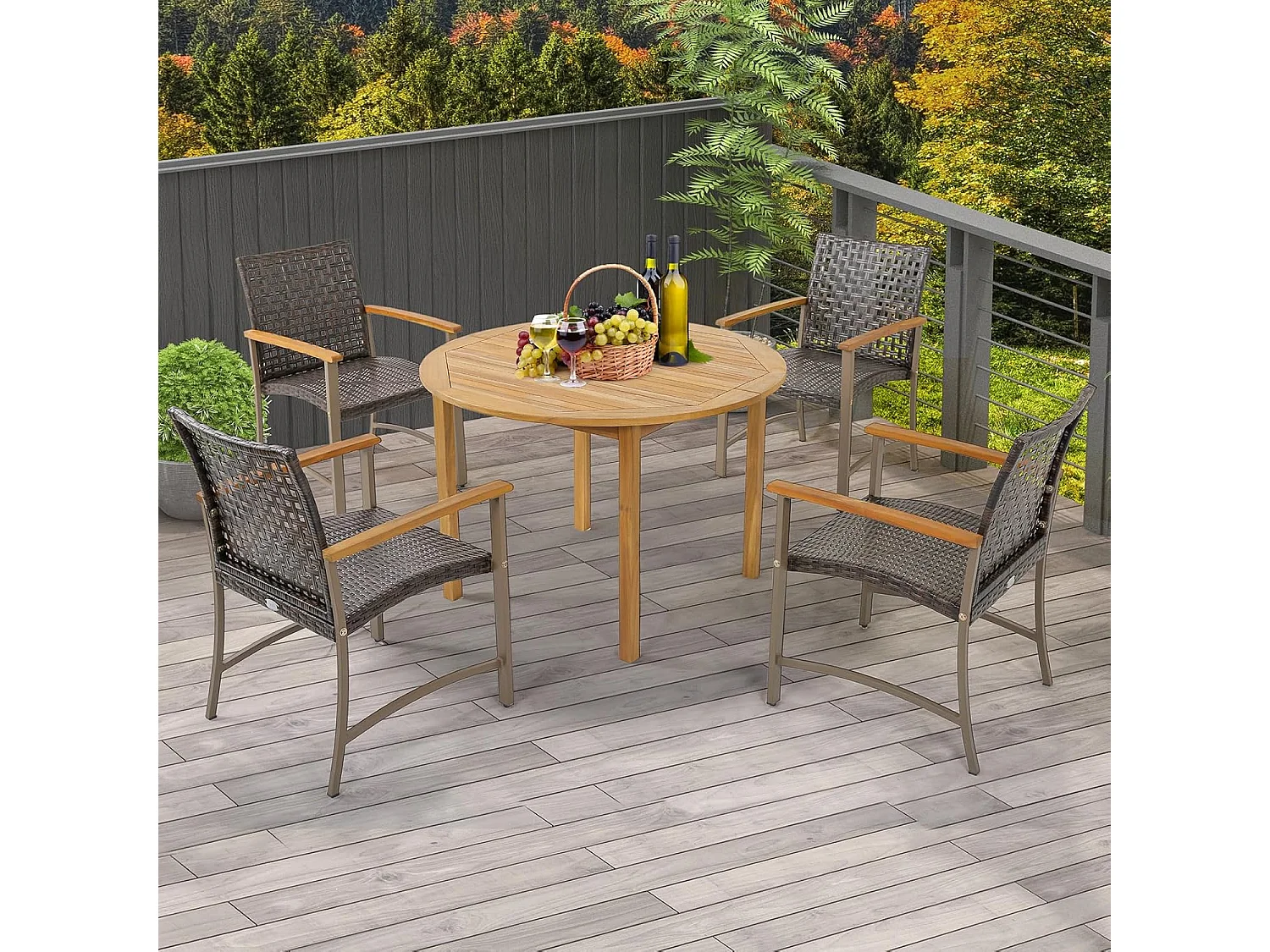 4-delige rotan tuinstoelset, terras, eetstoelen met armleuningen van acaciahout en metalen frame, rotan stoelen voor balkon, veranda, zwembad