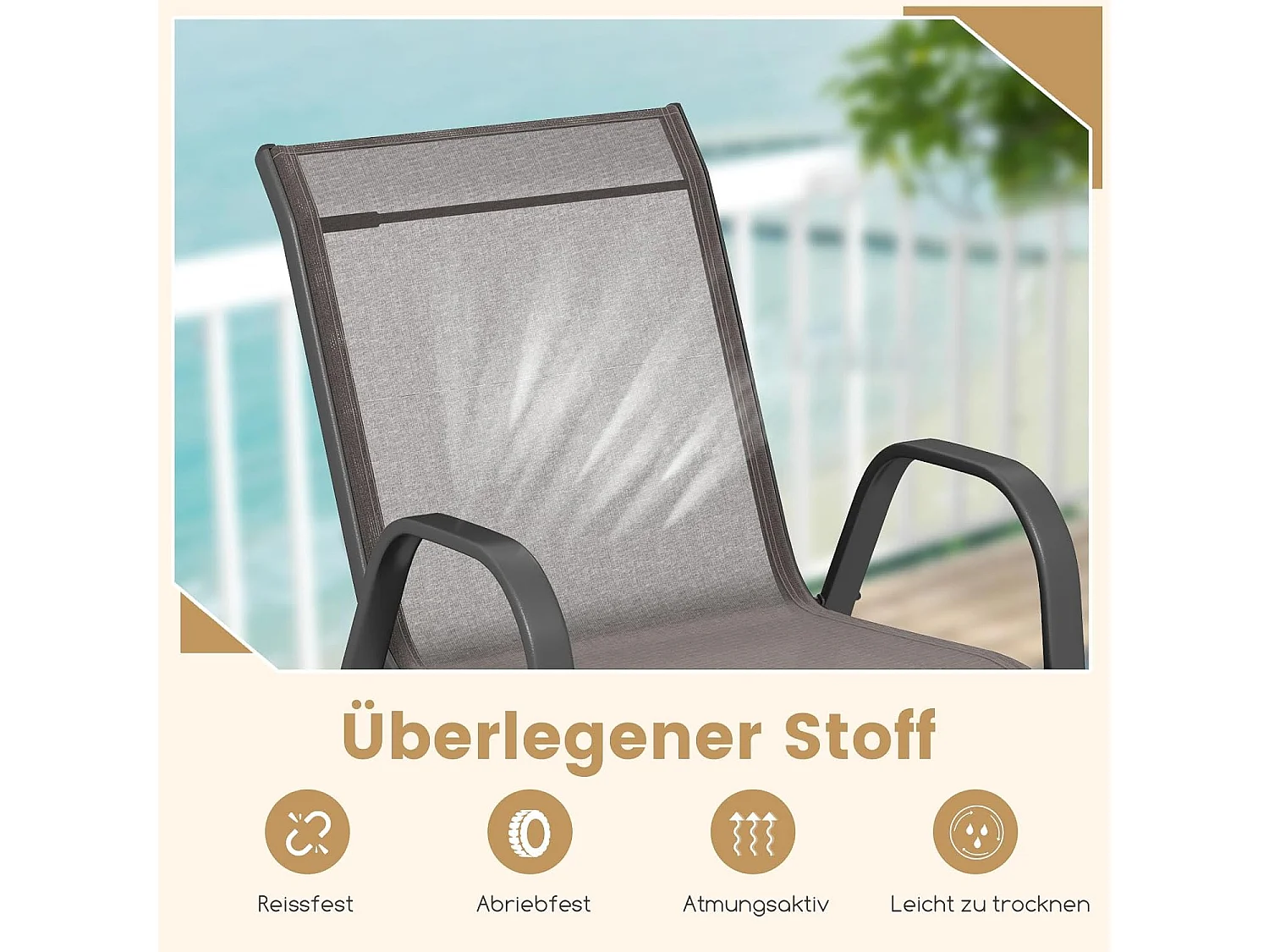 Set van 2 stapelbare tuinstoelen, stapelstoelen van textiel en metalen frame, balkonstoelen, belastbaar tot 150 kg, 56 x 70 x 84 cm, grijsZB33717