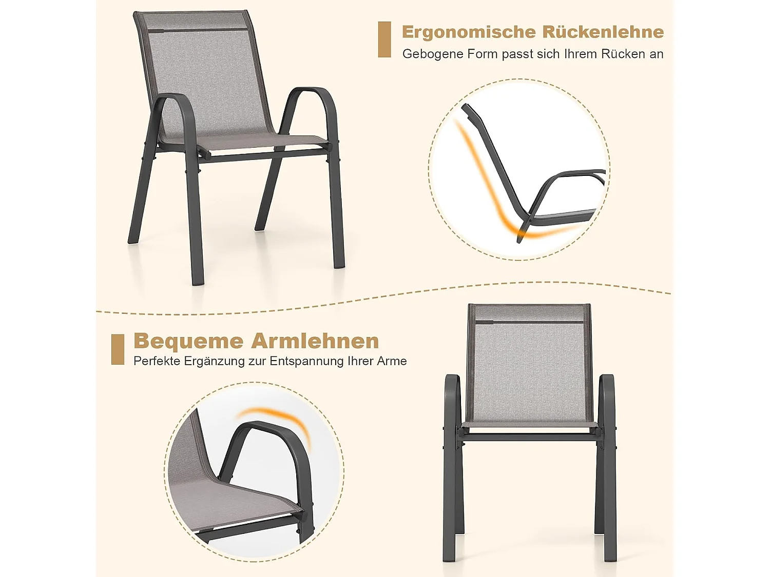 Set van 2 stapelbare tuinstoelen, stapelstoelen van textiel en metalen frame, balkonstoelen, belastbaar tot 150 kg, 56 x 70 x 84 cm, grijsZB33717