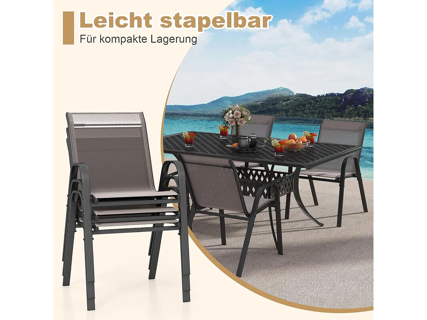 Set van 2 stapelbare tuinstoelen, stapelstoelen van textiel en metalen frame, balkonstoelen, belastbaar tot 150 kg, 56 x 70 x 84 cm, grijsZB33717