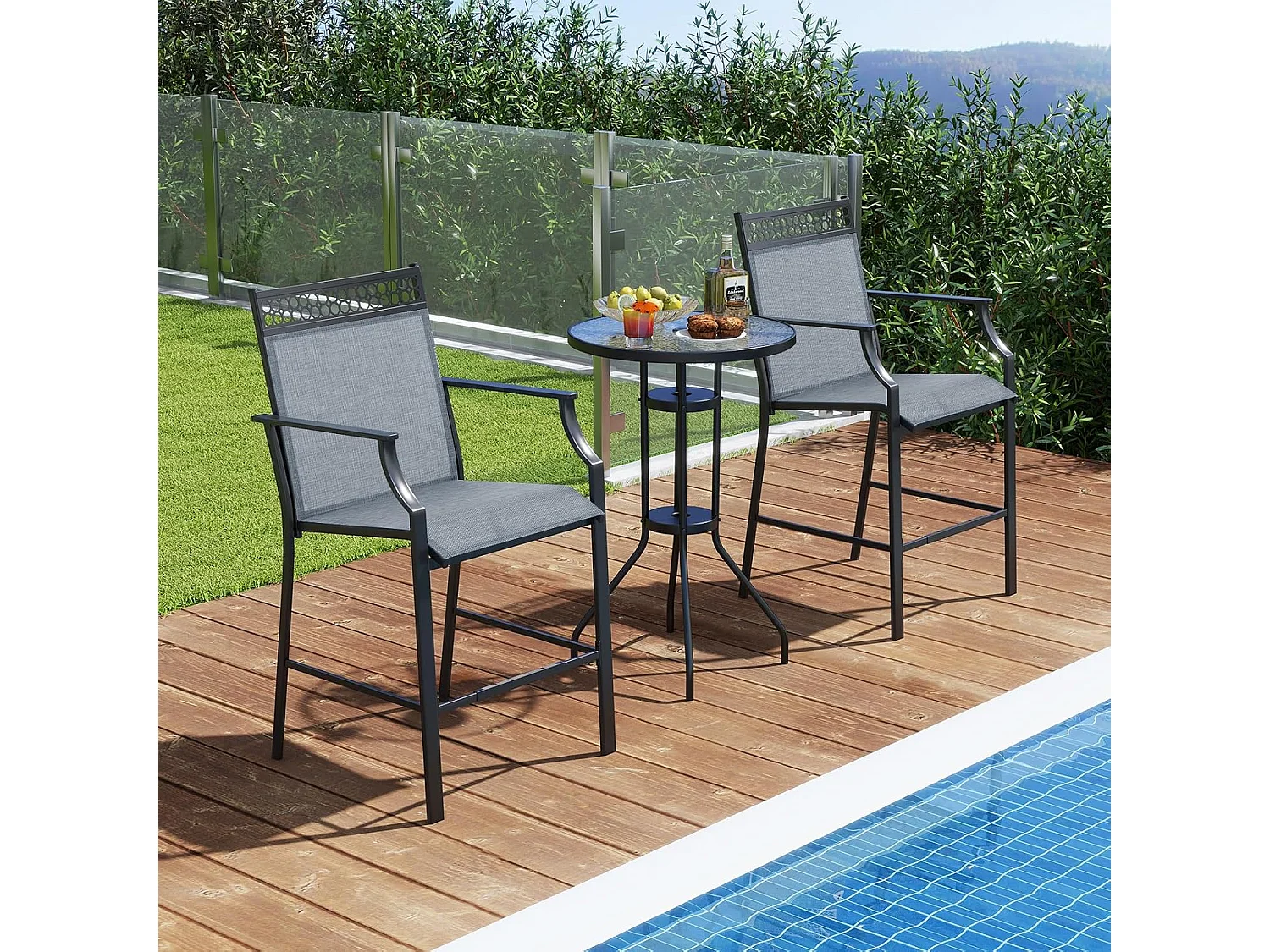 Set van 2 tuinstoelen, hoge terrasstoelen, balkonstoelen met sneldrogende stof en metalen frame, outdoorstoelen, voor tuin, balkon, zwembad (blauw)ZB33852