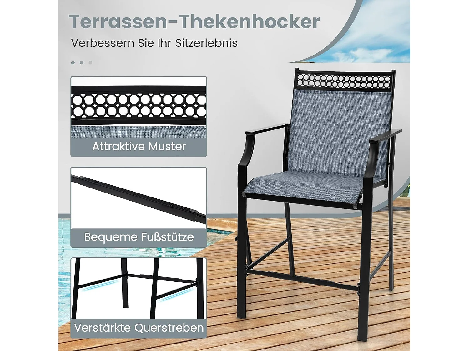 Set van 2 tuinstoelen, hoge terrasstoelen, balkonstoelen met sneldrogende stof en metalen frame, outdoorstoelen, voor tuin, balkon, zwembad (blauw)ZB33852