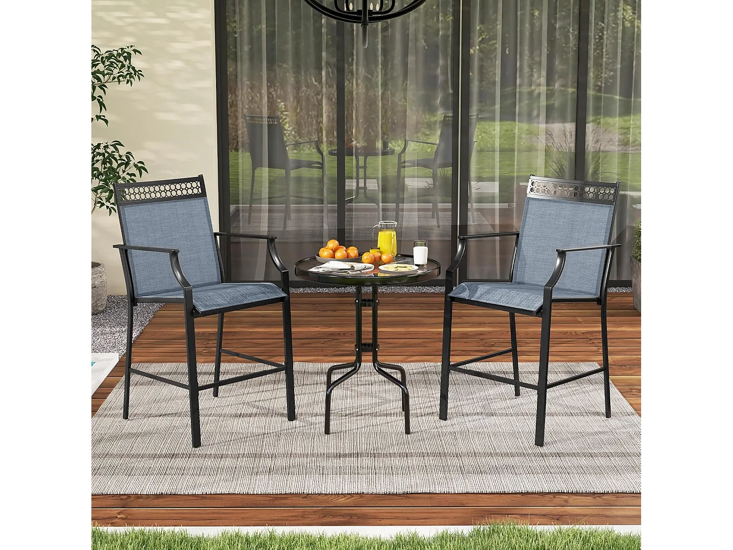 Set van 2 tuinstoelen, hoge terrasstoelen, balkonstoelen met sneldrogende stof en metalen frame, outdoorstoelen, voor tuin, balkon, zwembad (blauw)ZB33852