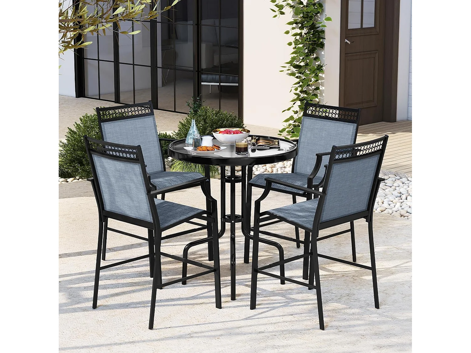 Set van 2 tuinstoelen, hoge terrasstoelen, balkonstoelen met sneldrogende stof en metalen frame, outdoorstoelen, voor tuin, balkon, zwembad (blauw)ZB33852