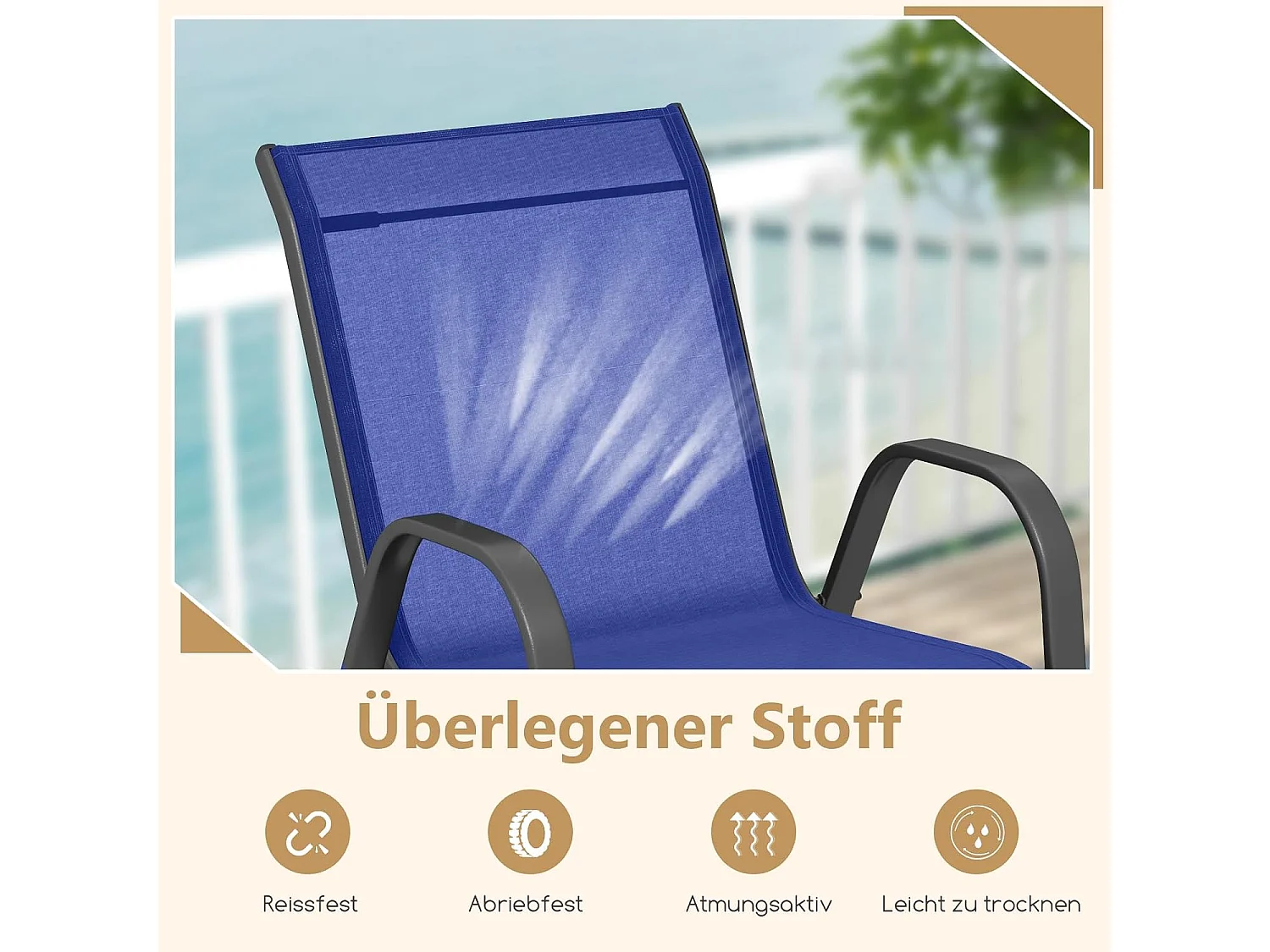 Set van 2 stapelbare tuinstoelen, stapelstoelen van textiel en metalen frame, balkonstoelen, belastbaar tot 150 kg, 56 x 70 x 84 cm (blauw)ZB33717
