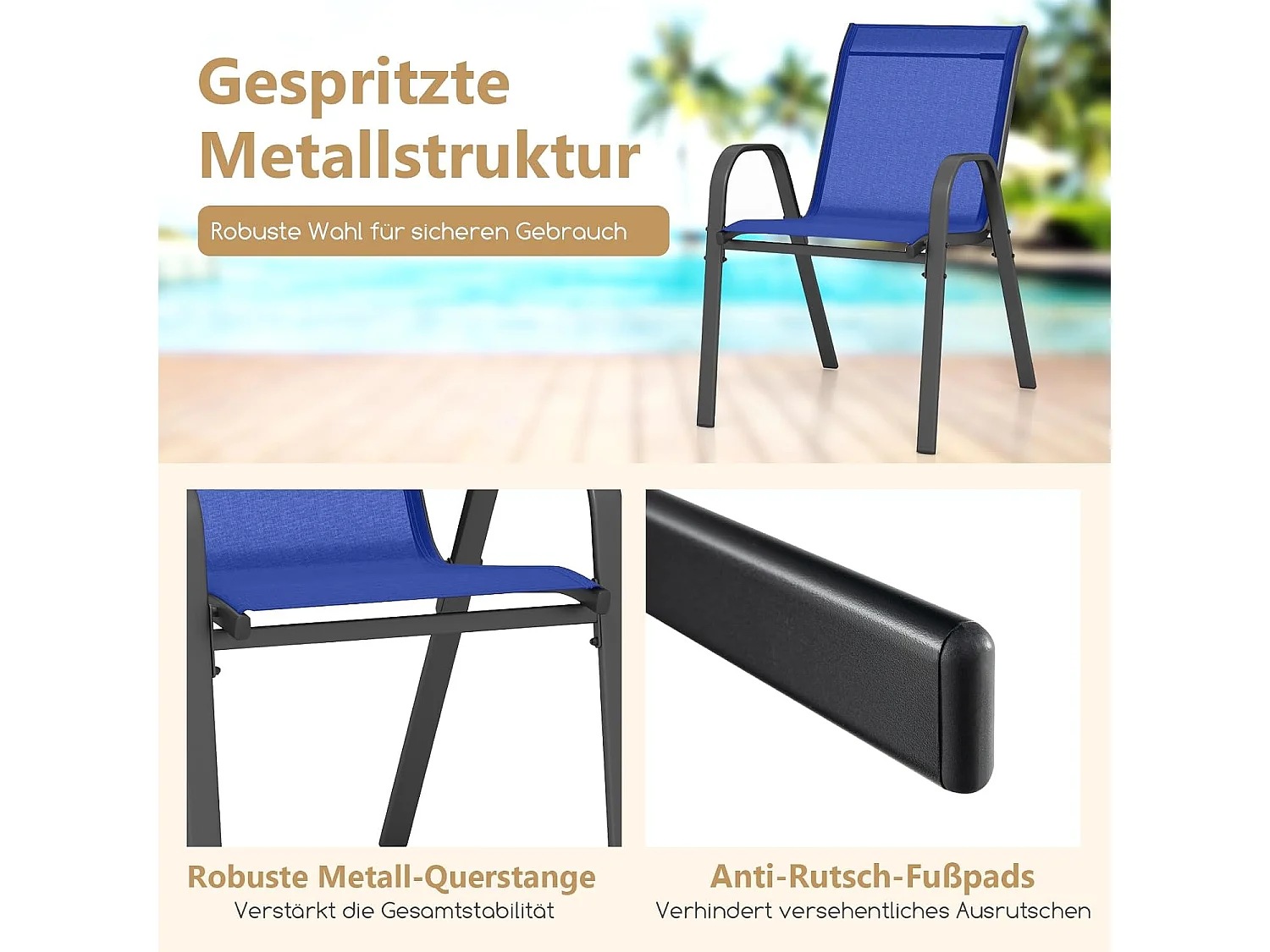 Set van 2 stapelbare tuinstoelen, stapelstoelen van textiel en metalen frame, balkonstoelen, belastbaar tot 150 kg, 56 x 70 x 84 cm (blauw)ZB33717