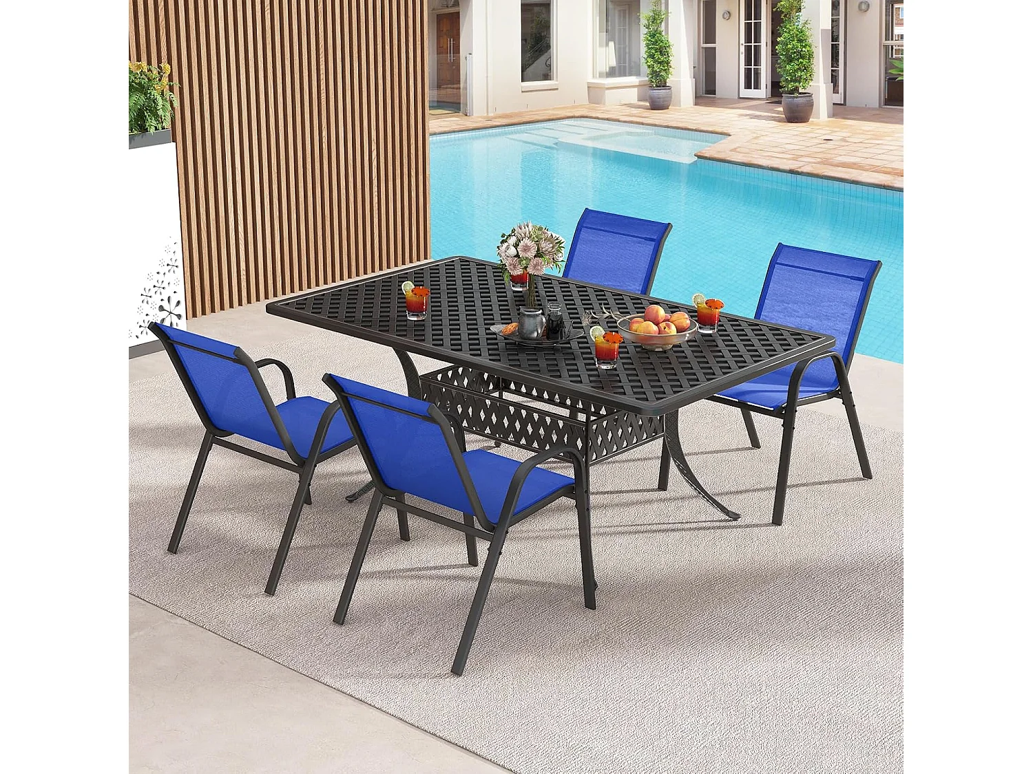 Set van 2 stapelbare tuinstoelen, stapelstoelen van textiel en metalen frame, balkonstoelen, belastbaar tot 150 kg, 56 x 70 x 84 cm (blauw)ZB33717