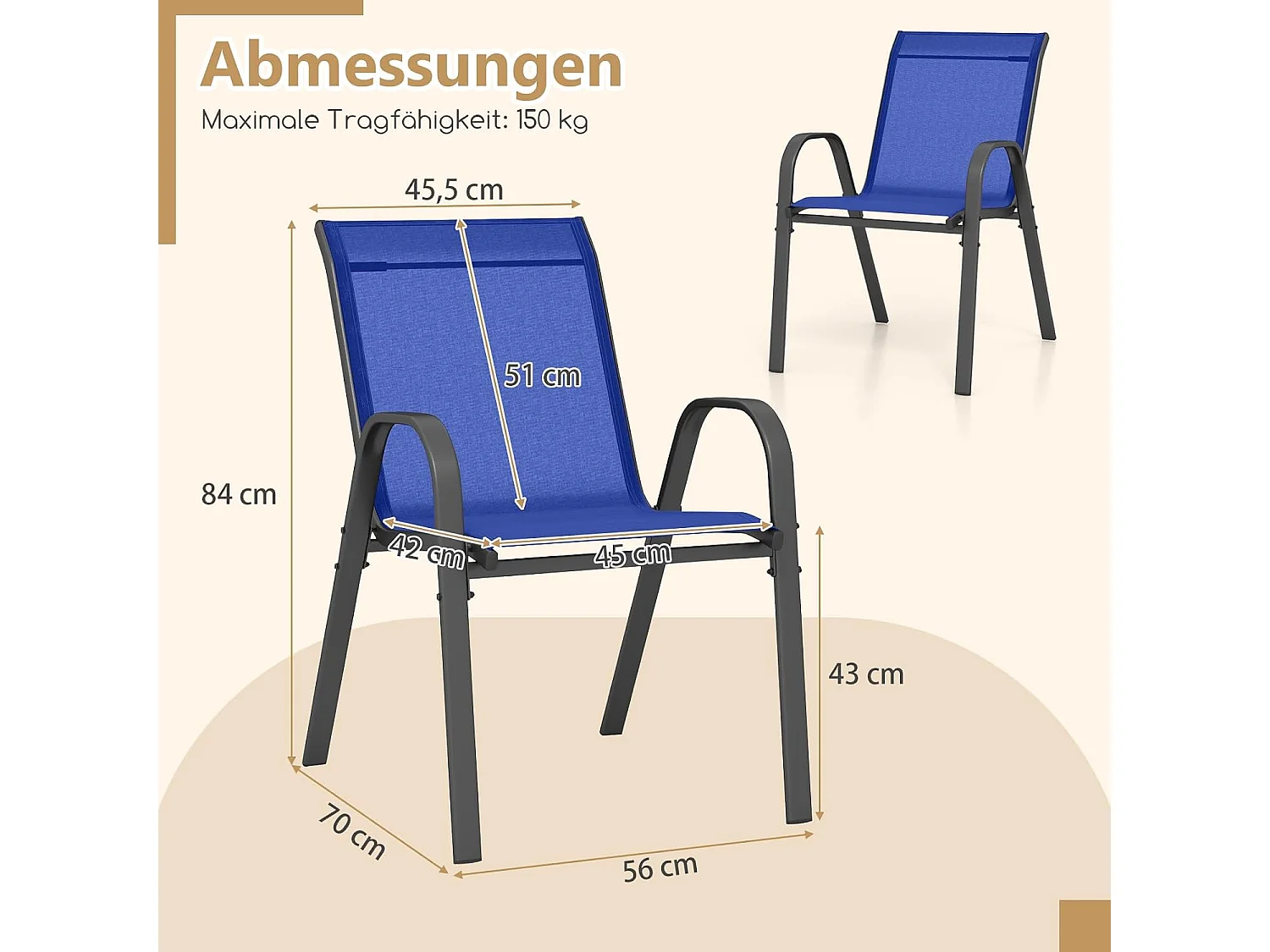 Set van 2 stapelbare tuinstoelen, stapelstoelen van textiel en metalen frame, balkonstoelen, belastbaar tot 150 kg, 56 x 70 x 84 cm (blauw)ZB33717