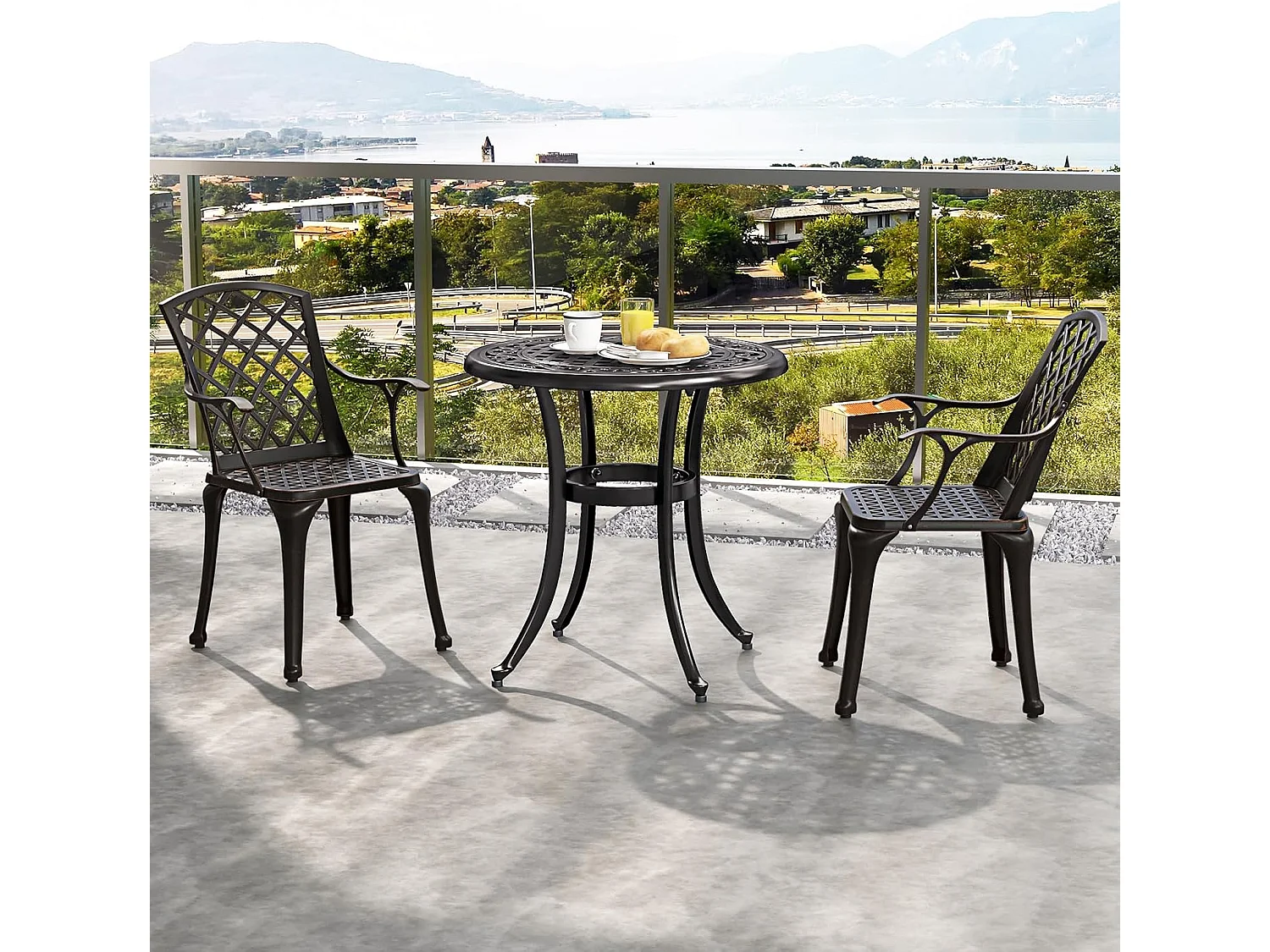 Set van 2 tuinstoelen van gegoten aluminium, weerbestendige terrasstoelen met armleuningen, balkonstoelen voor tuin, balkon, achtertuin (koperrood)ZB34259